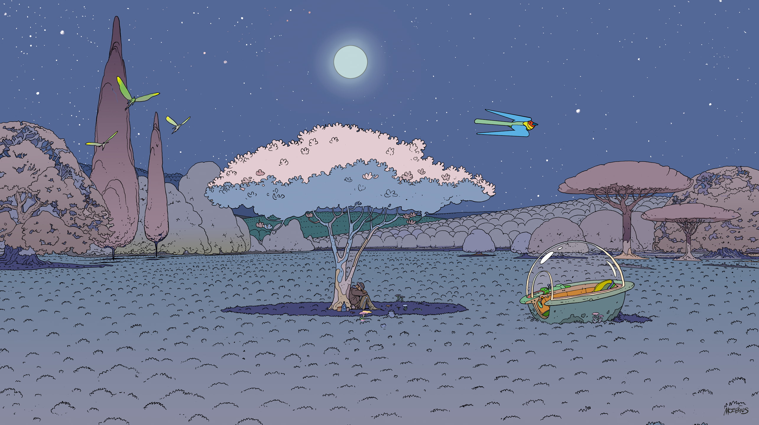trees, 2K, Mœbius, artwork, night, comics, HD Wallpaper