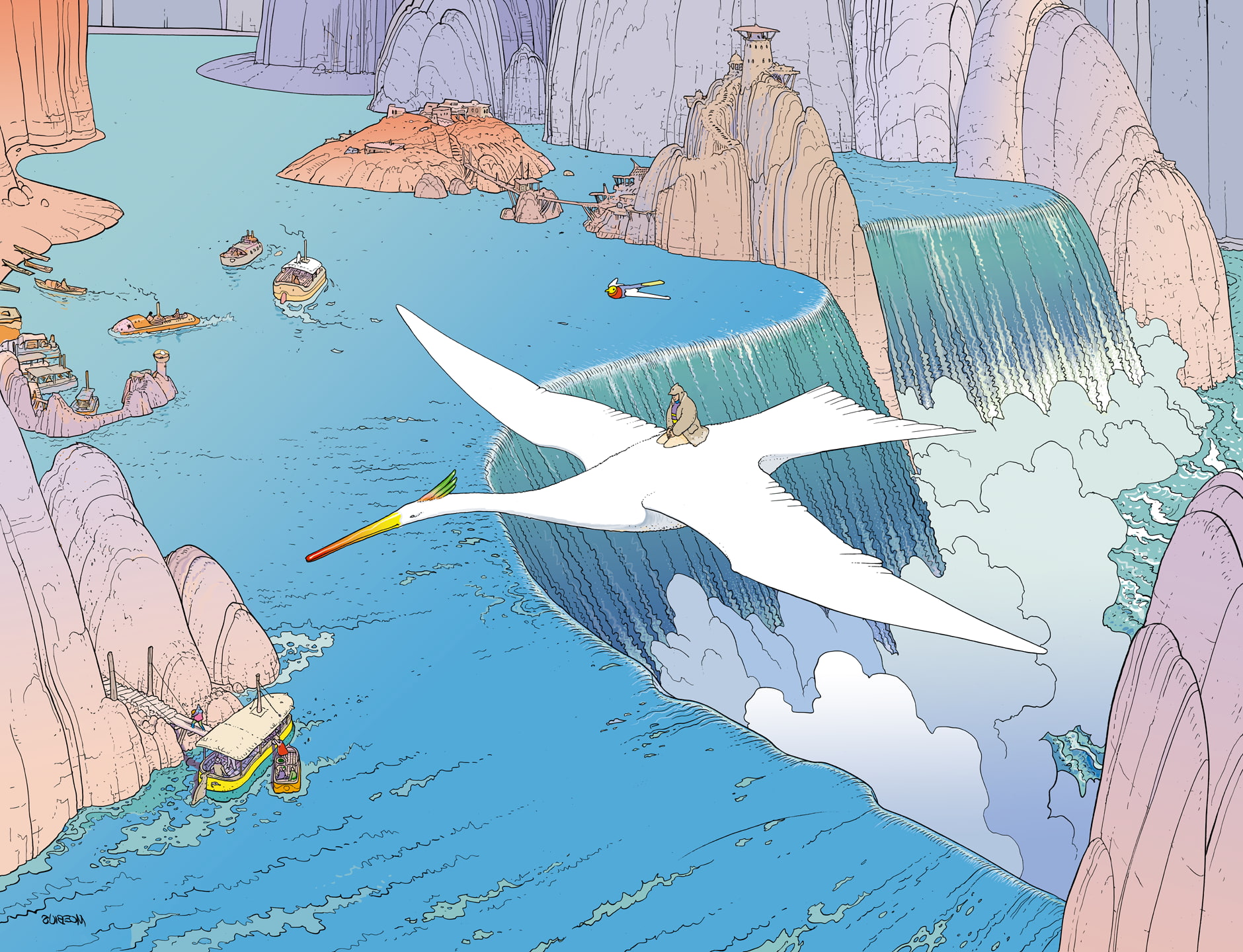 720P, travel, day, representation, blue, flying, art and craft, outdoors, tree, group of animals, mural, vertebrate, sky, Mœbius, waterfall, animals in the wild, HD Wallpaper