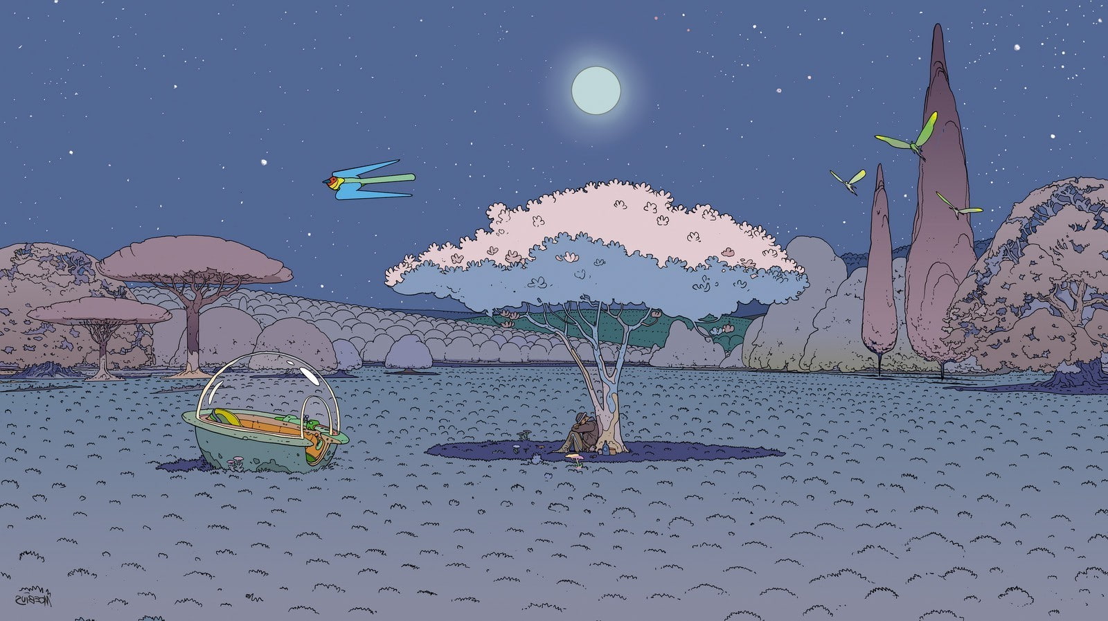 720P, digital art fantasy art nature painting jean giraud surreal men trees birds ufo field moon shadow stars mbius, HD Wallpaper