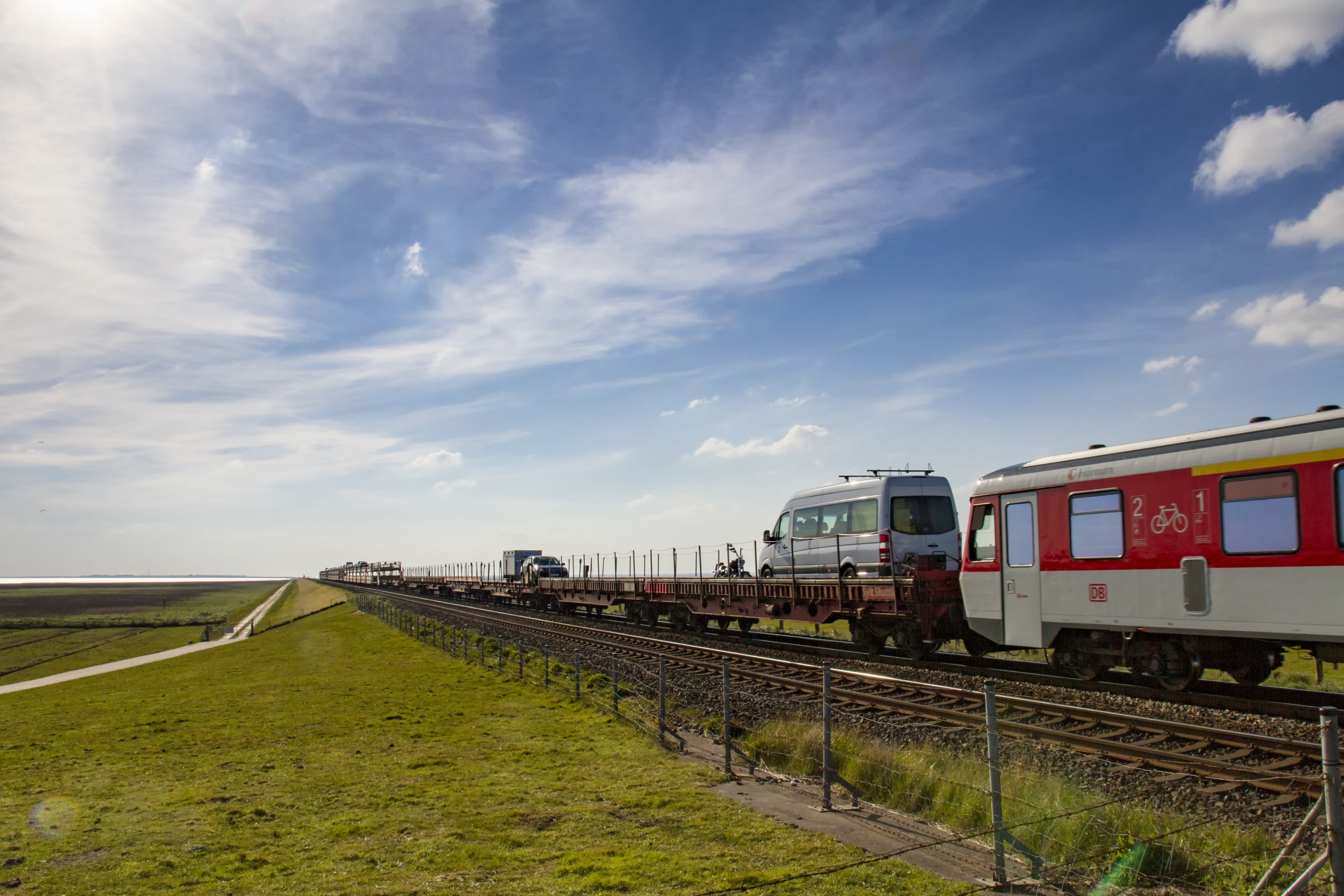 autotransport, train, car train, station, mode of transportation, watts, track, motion, nf, north sea, diesel locomotive, travel, pkw, dbag, sky, 4K, hindenburg damm, HD Wallpaper