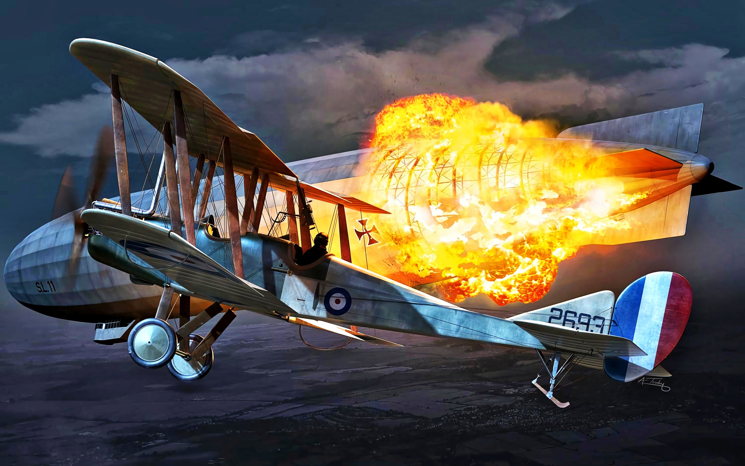 Royal Aircraft Factory, WWI, Biplane, B.E.2C, The explosion, 2K, Fire, The airship, HD Wallpaper