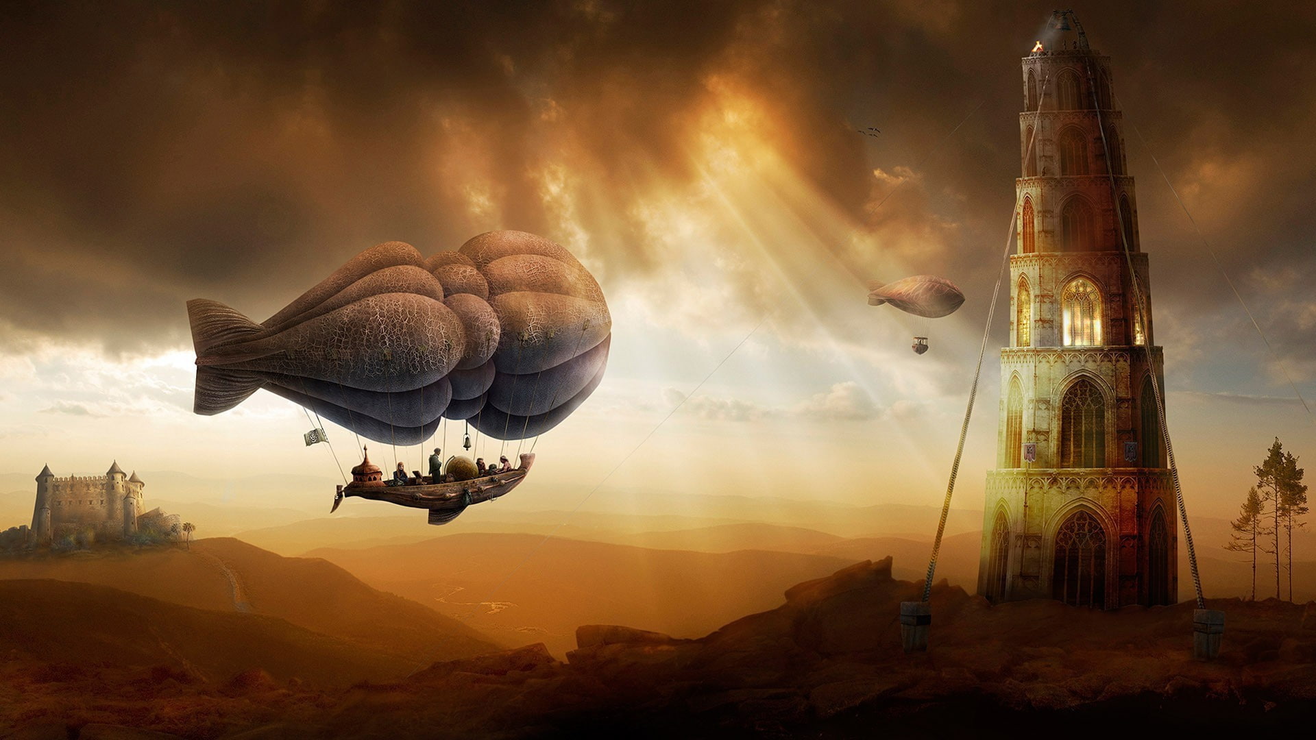 digital art, Trees, People, nature, Flying, clouds, Hot Air Balloons, tower, 1080P, castle, landscape, painting, Zeppelin, Airships, Hill, ropes, Sun Rays, HD Wallpaper