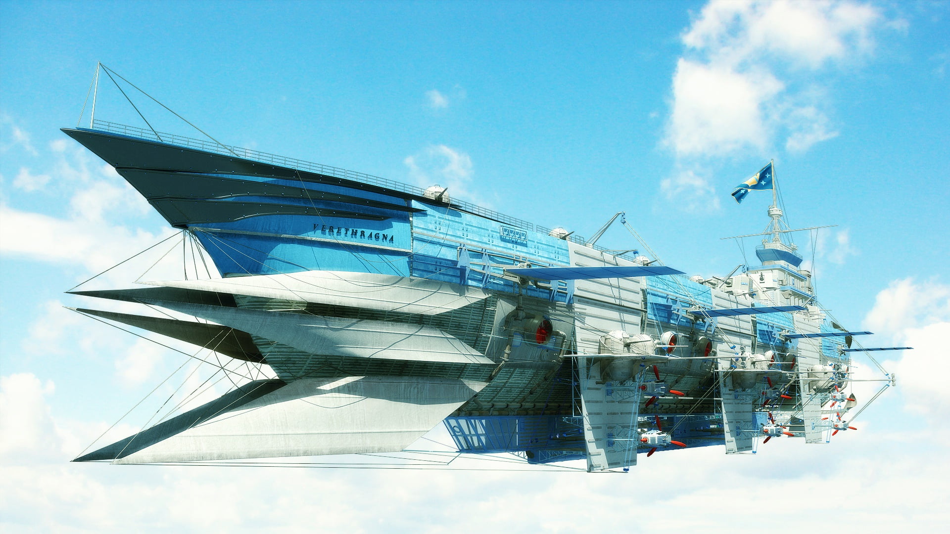 futuristic, fantasy, digital art, fantasy art, flag, sci-fi, Airship, sky, 1080P, artwork, aircraft, science fiction, HD Wallpaper