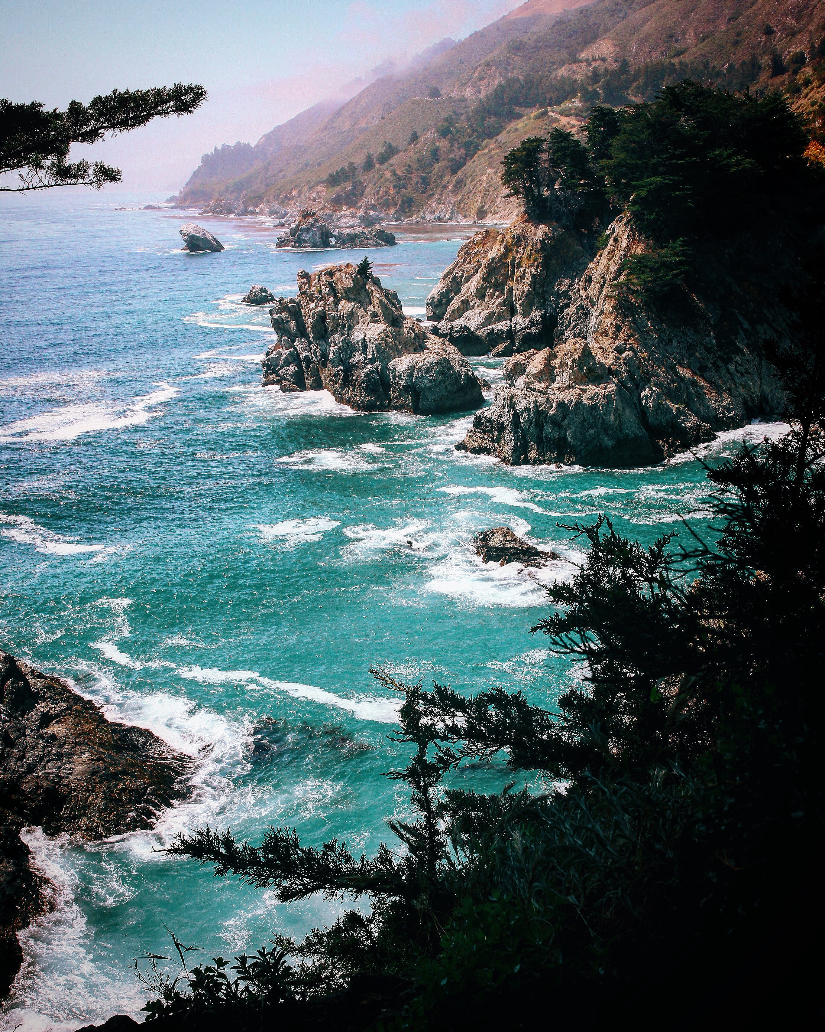pacific ocean, plant, julia pfeiffer state park, land, mountain, outdoors, big sur, water, rock - object, sky, tranquil scene, rock, sea, motion, nature, Phone HD Wallpaper