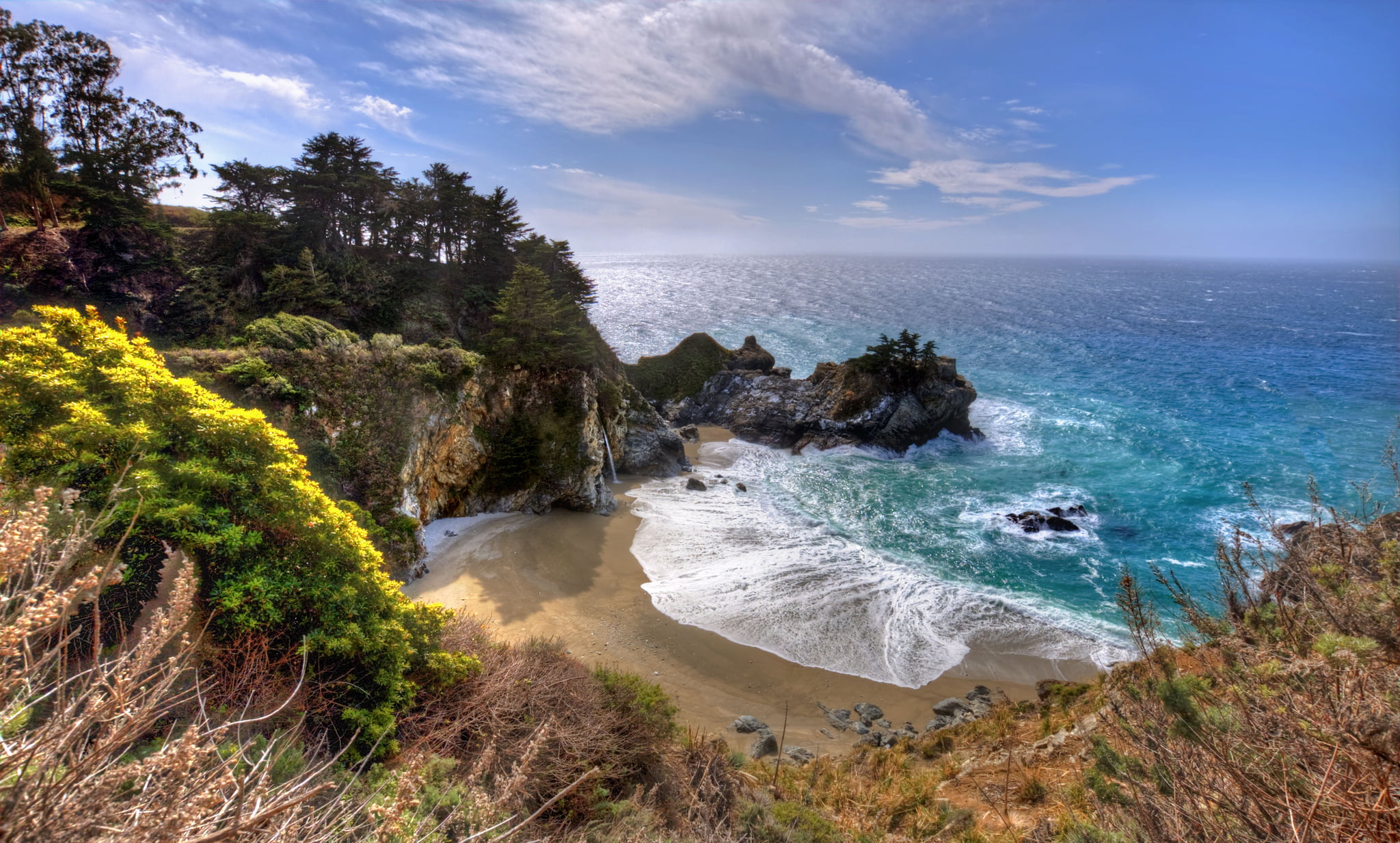 green, body, scenics - nature, California, land, tree, outdoors, the ocean, tranquility, plant, beach, trees, high angle view, idyllic, Bay, rock, waterfall, HD Wallpaper