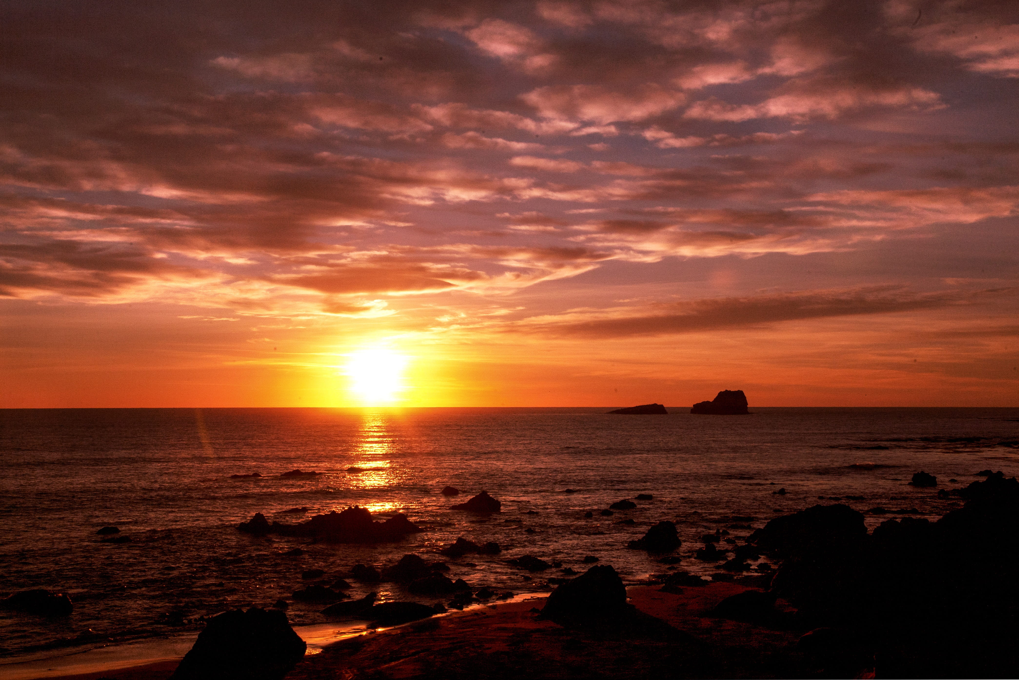 highway 1, orange color, horizon over water, water, sky, nature, sea, scenics - nature, tranquil scene, no people, sun, twilight, rock, romantic sky, idyllic, HD Wallpaper