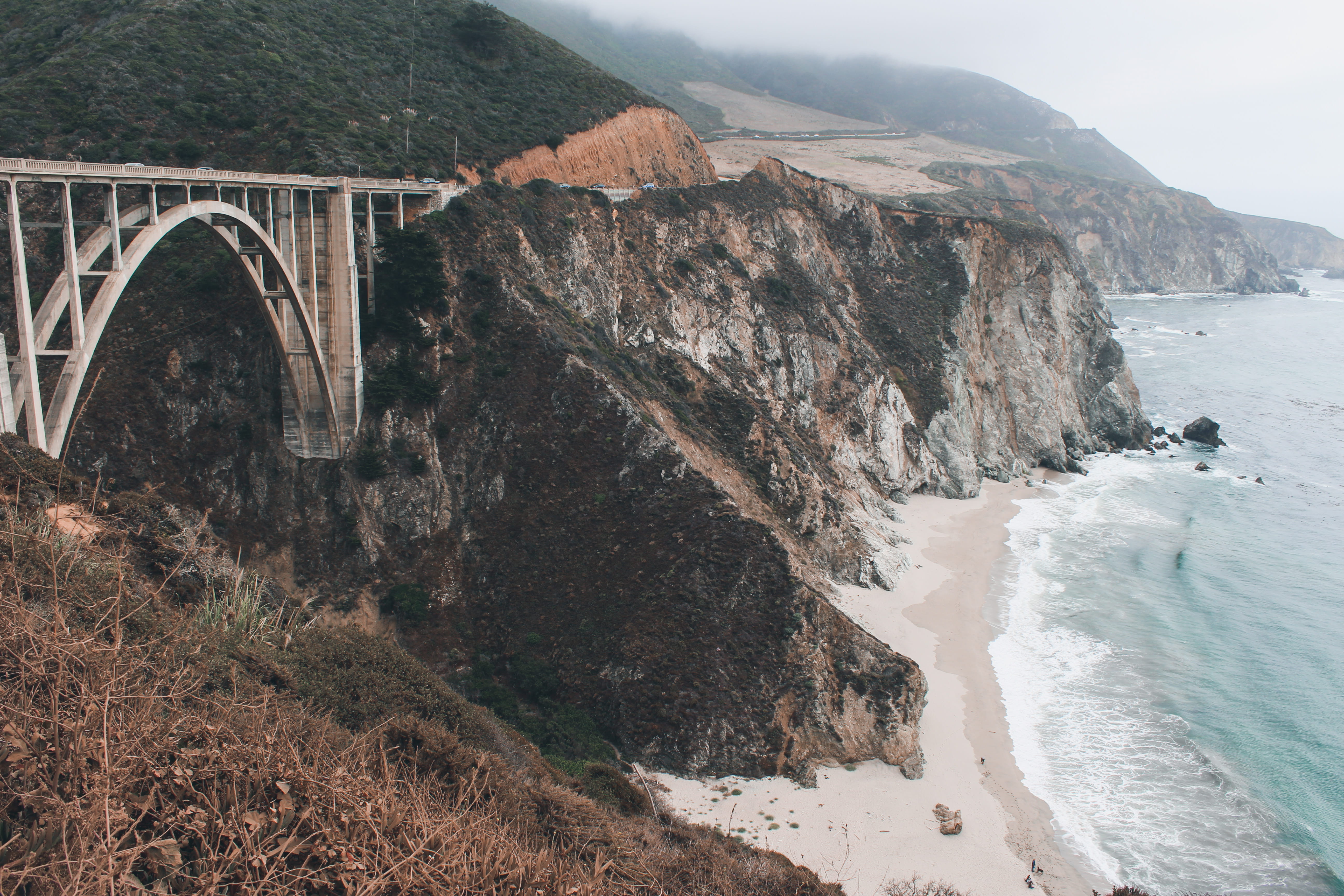 san francisco, ocean, mist, beauty in nature, bridge - man made structure, outdoors, trees, road, sea, pacific, waves, highway 1, highway, mountain, arch bridge, HD Wallpaper