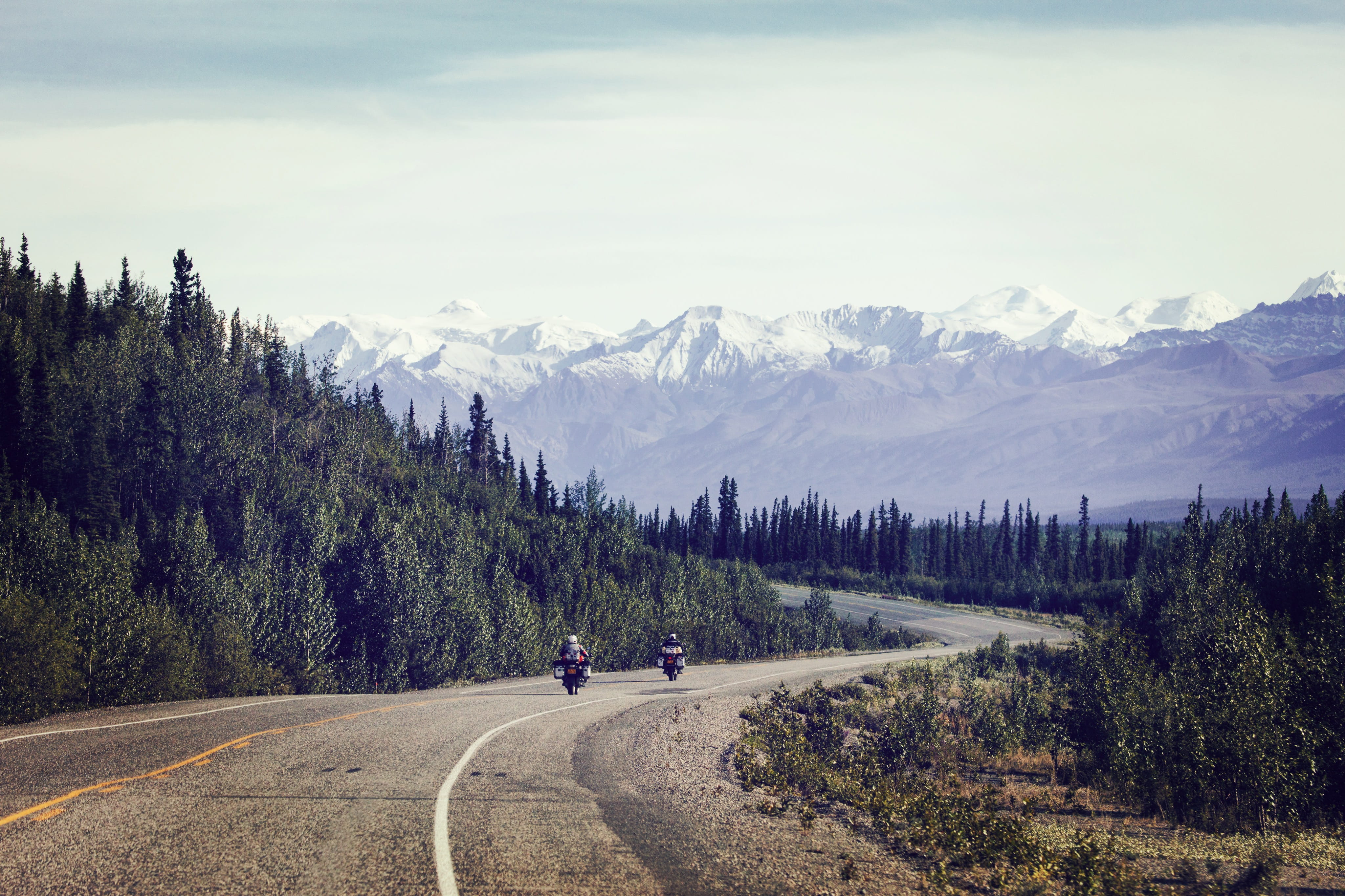 abies, transportation, unorganized, tranquility, two, outdoors, canada, gravel, beauty in nature, direction, human, mountain, motorcycles, tree, sky, persons, HD Wallpaper