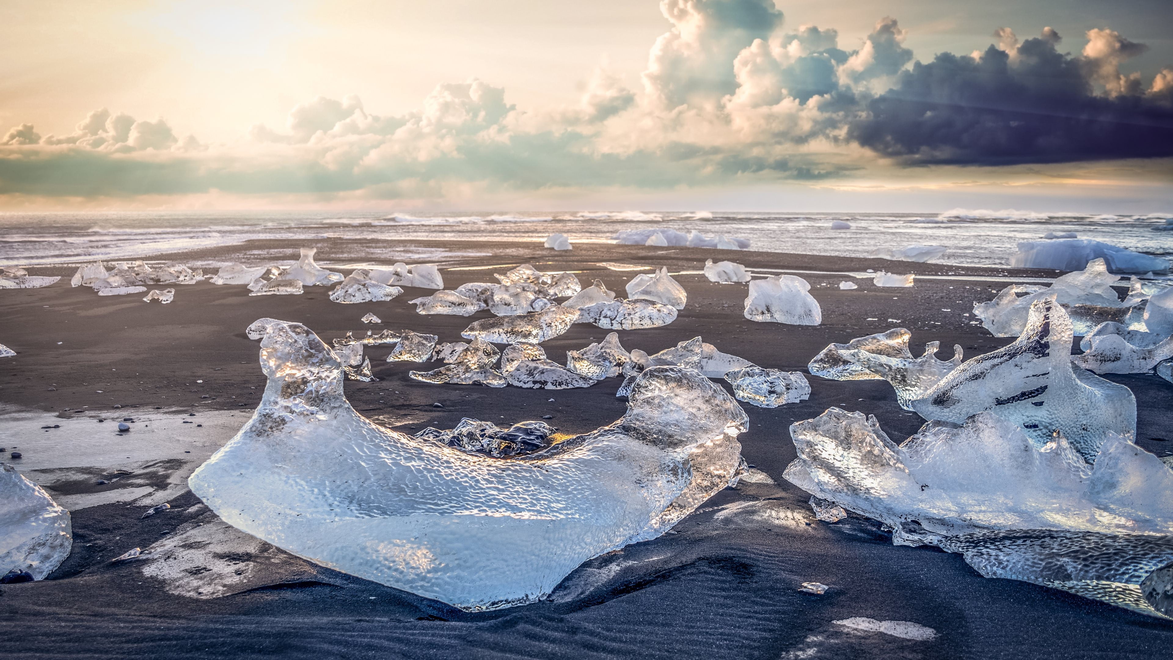 ice, land, sunlight, sand, nature, scenics - nature, sea, no people, clouds, water, cloud - sky, melting, sky, beauty in nature, sunset, tranquil scene, HD Wallpaper