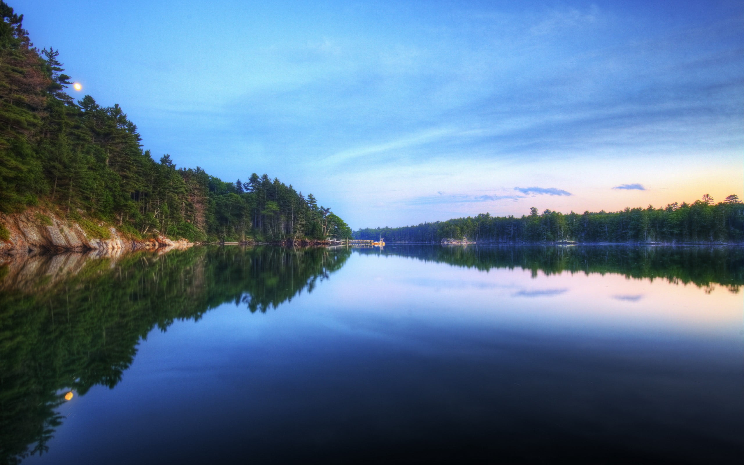 sky, lake, 2K, leafed, tree, tranquil scene, water, nature, trees, scenics - nature, idyllic, reflection, standing water, no people, pine trees, day, non-urban scene, HD Wallpaper