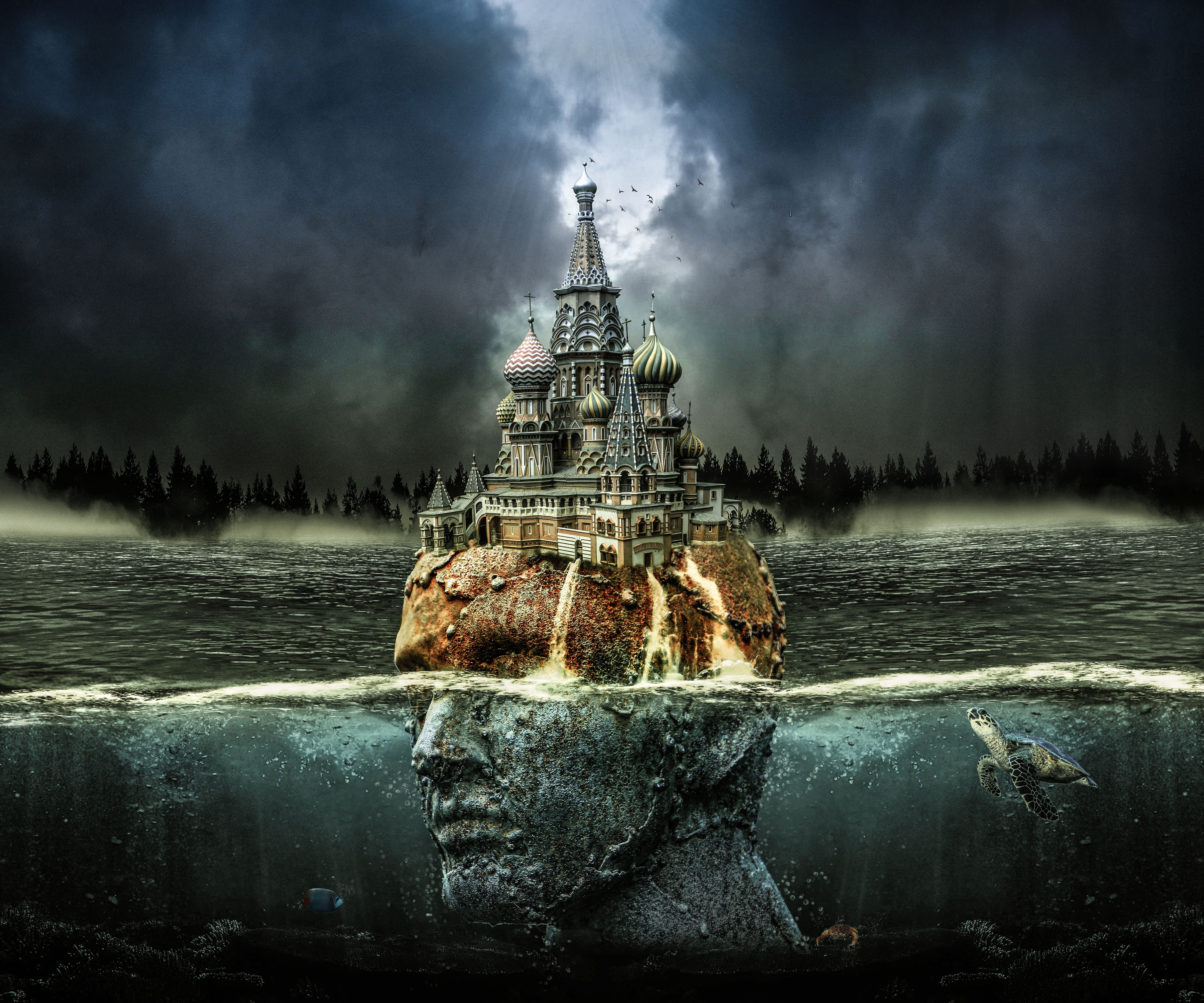 fantasy, tree, building, water, architecture, dark, manipulation, no people, sky, gothic style, gray, night, sea, nature, still life, tower, built structure, HD Wallpaper