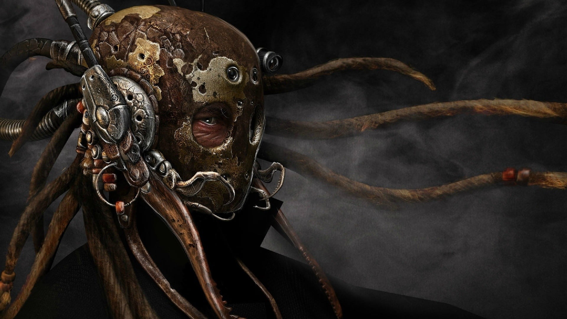 mask, indoors, digital art, profile, 1080P, mammal, warrior, antique, metal, studio shot, disguise, black background, close-up, clockwork, smoke - physical structure, HD Wallpaper