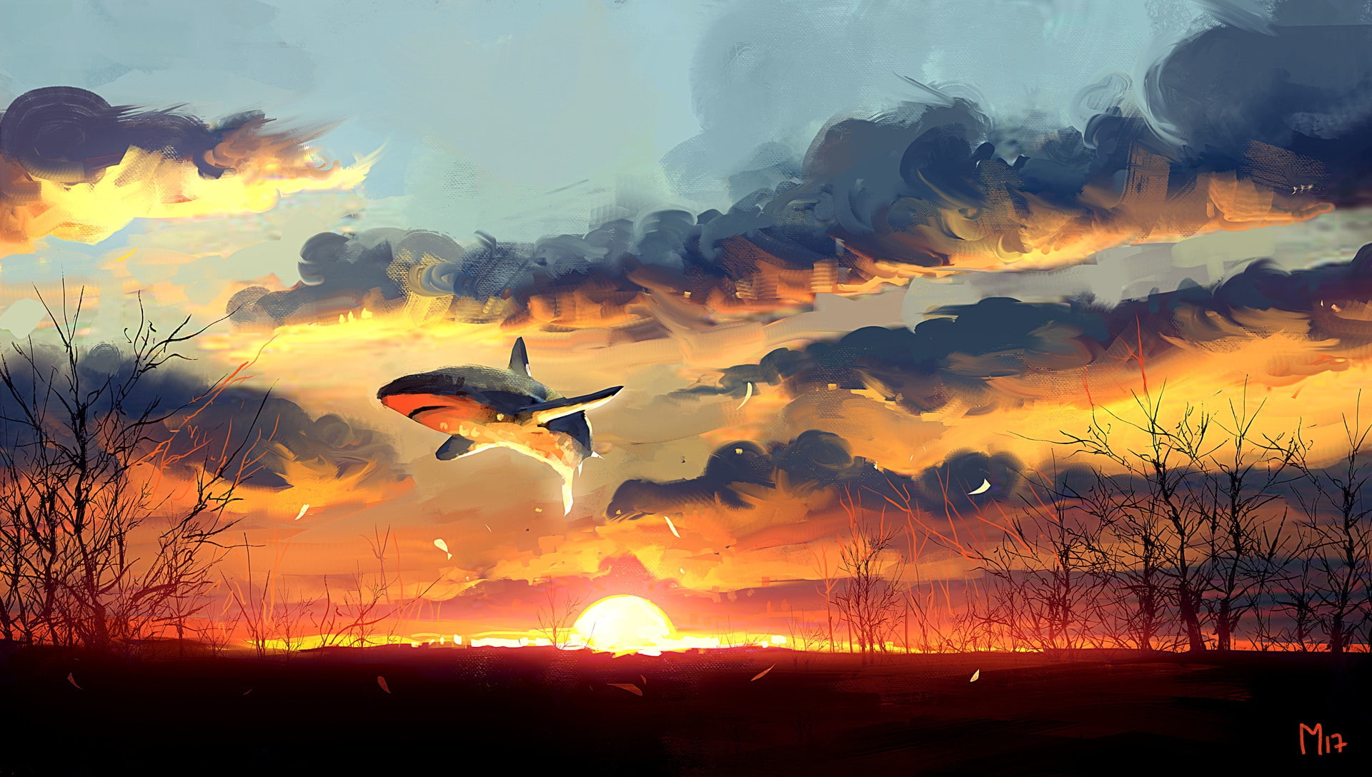 Fantasy, 1080P, Sunset, Cloud Catcher, Art, Concept Art, 30 min Speedpainting, by Dominik Mayer, Dominik Mayer, Shark, The sun, Fiction, HD Wallpaper