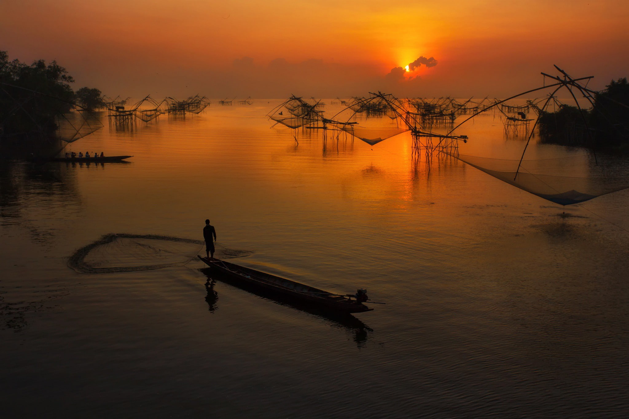 Red, people, row, Sunset, 1080P, fisherman, body, boat, water, sunrise, HD Wallpaper