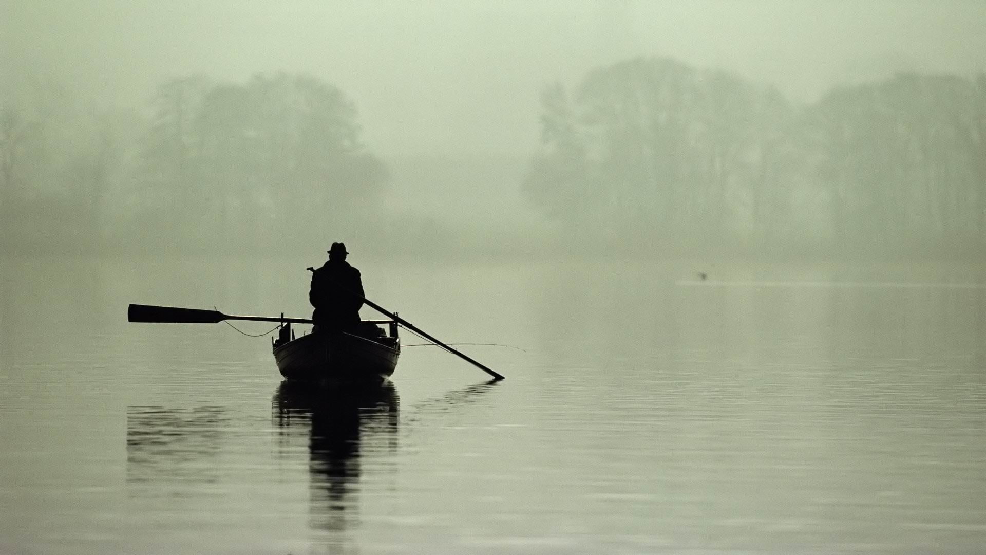silhouette, men, water, oar, morning, lake, row, mode of transportation, nautical vessel, reflection, fog, tranquility, 1080P, one person, paddling, nature, HD Wallpaper