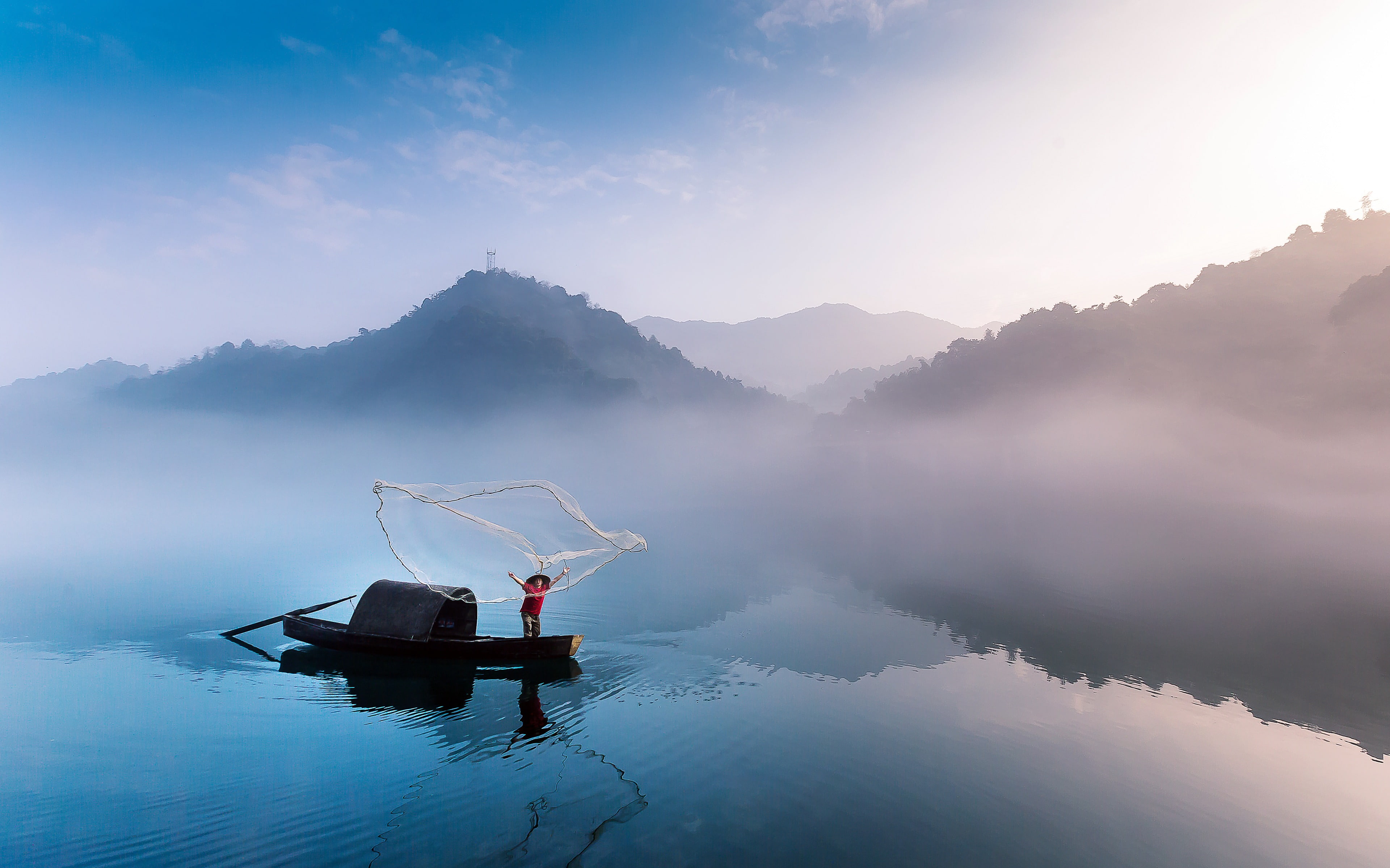 fog, transportation, beauty in nature, sky, china, tranquility, non-urban scene, scenics - nature, cloud - sky, outdoors, arms raised, water, morning, dongjiang, HD Wallpaper