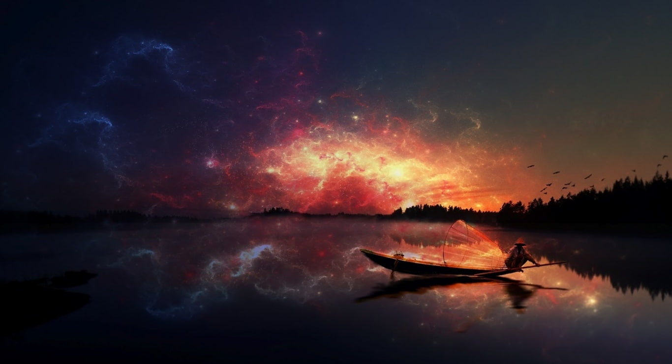 tranquil scene, body, Creative, nature, orange color, lake, idyllic, night, nautical vessel, real people, tranquility, beauty in nature, sky, outdoors, HD Wallpaper
