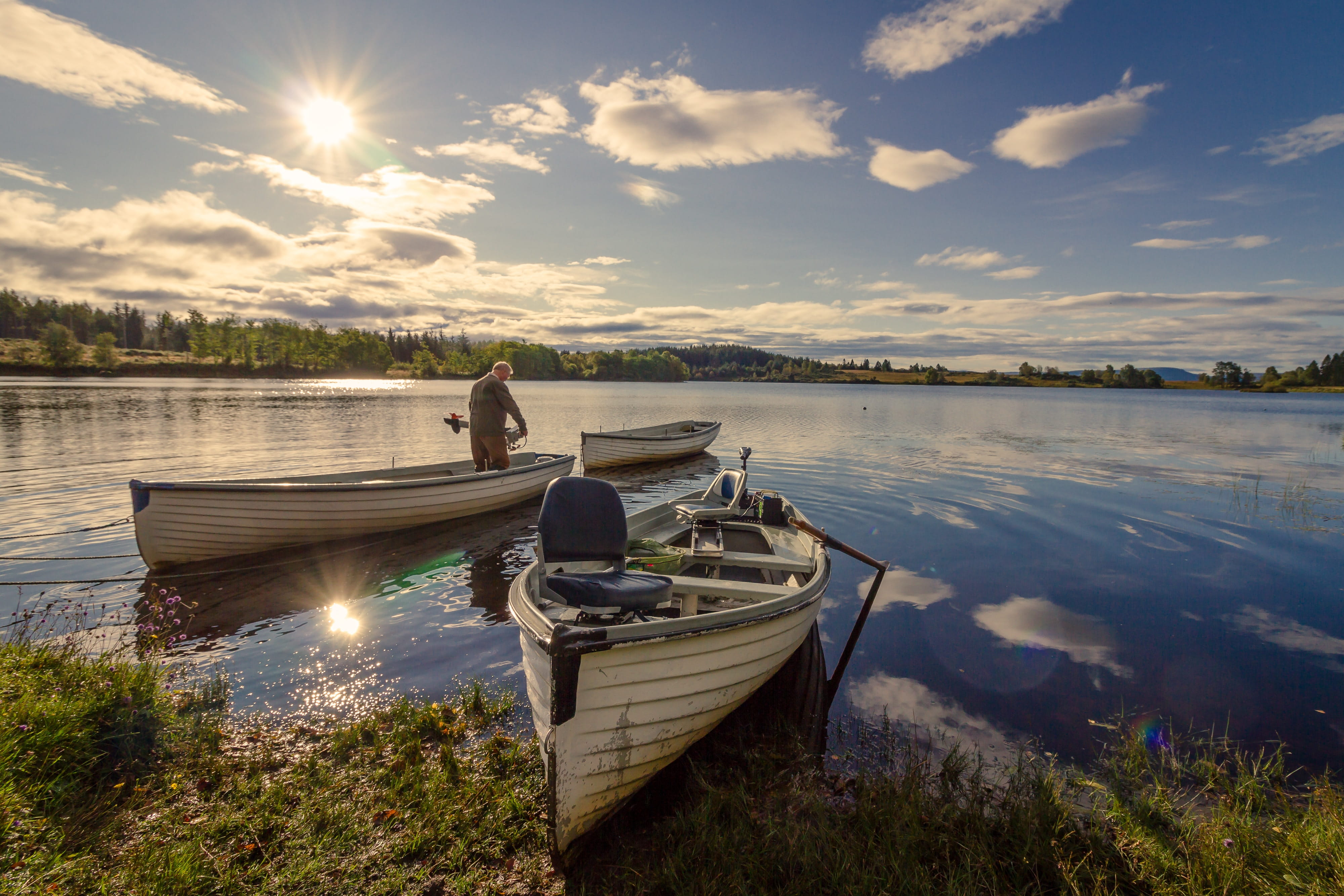 boat, sunlight, scenic, one person, daylight, vehicle, scenery, scenics - nature, grass, outdoors, lake, sunbeam, nautical vessel, fisherman, landscape, HD Wallpaper