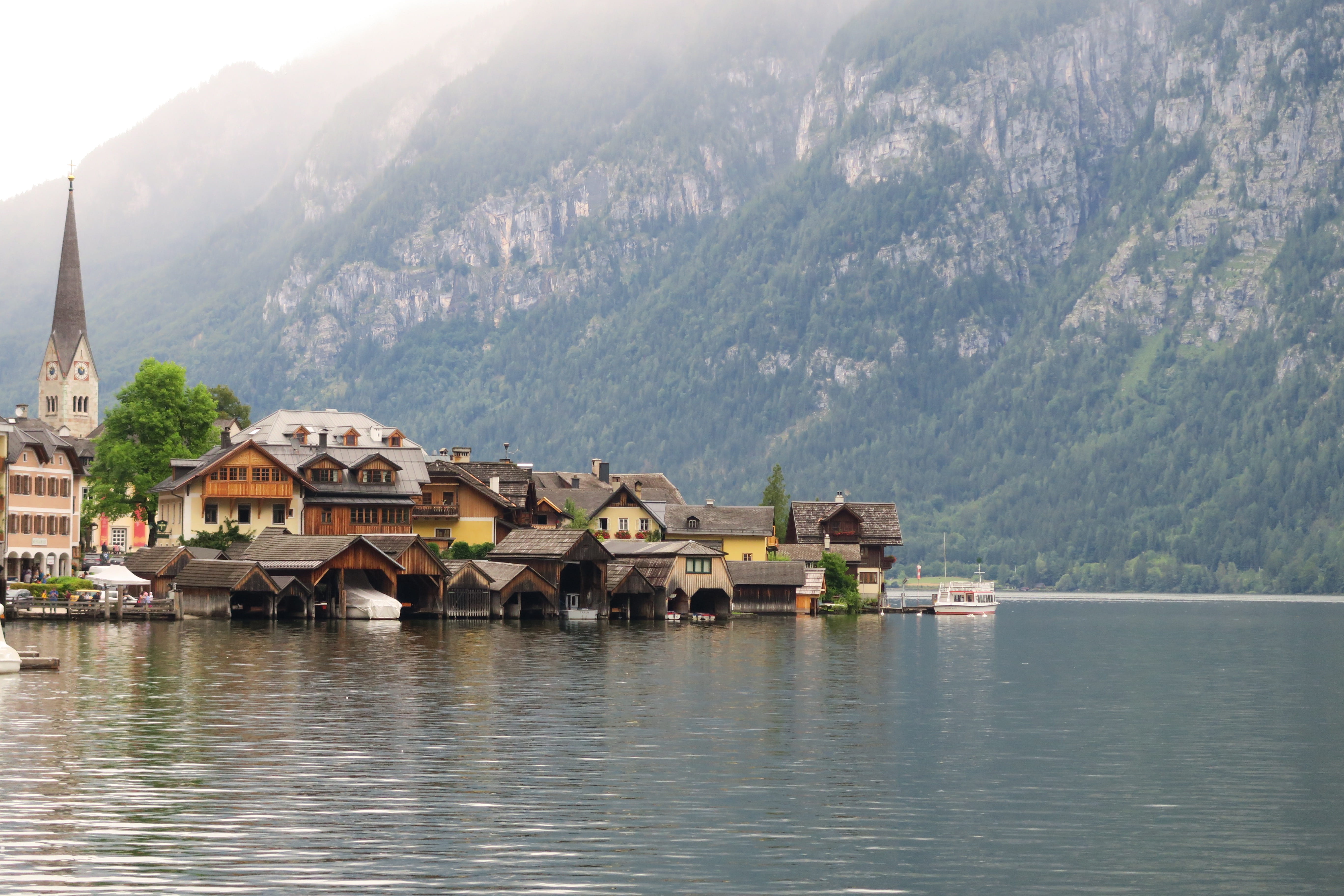 nature, village, mountain range, austria, built structure, architecture, lake, boats, waterfront, house, building, beauty in nature, 5K, houses, scenics - nature, HD Wallpaper