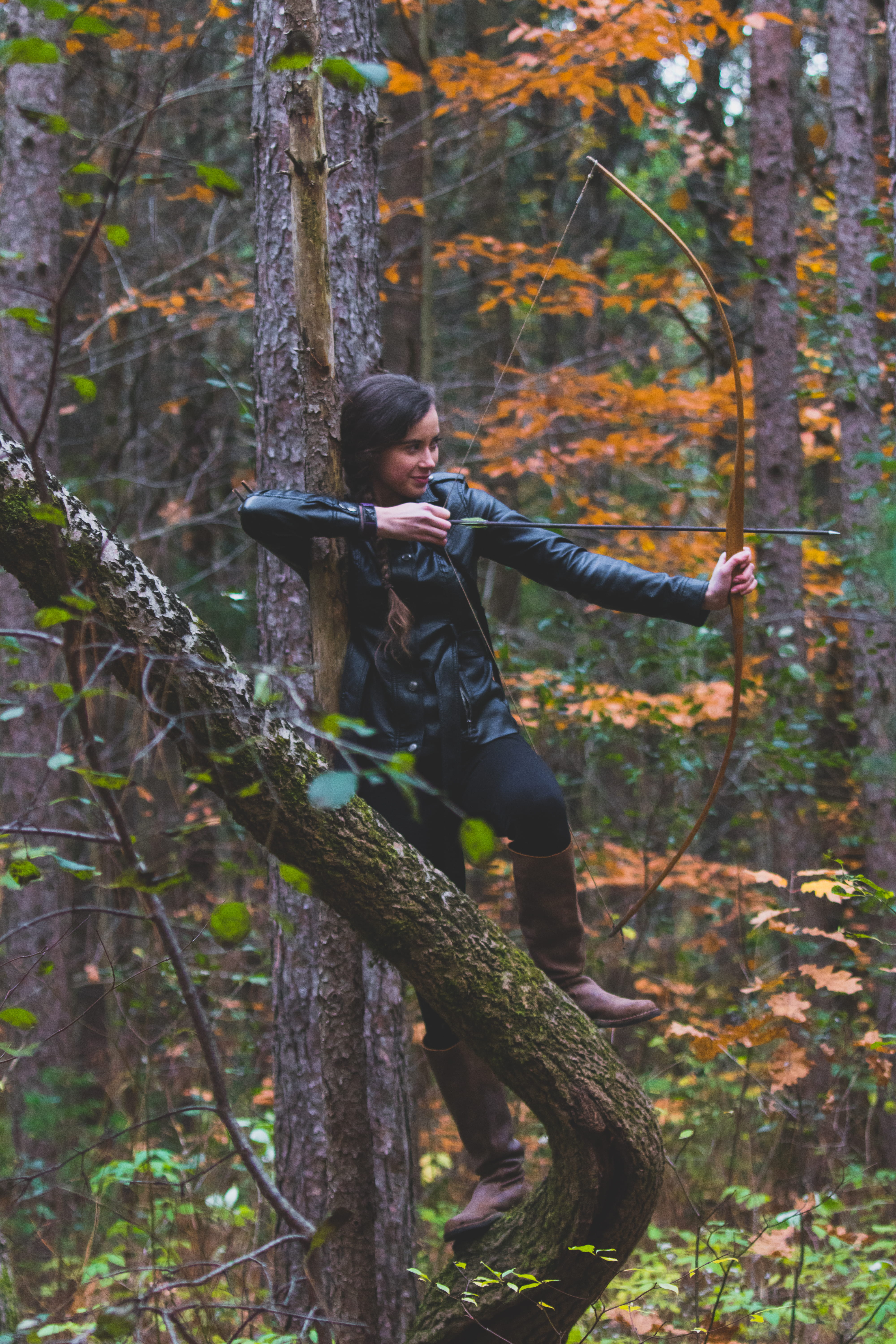 tree trunk, one person, weapon, tree, woman, composite, plant, fall, black, holding, bow, lifestyles, longbow, land, nature, day, woodland, girl, forest, Phone HD Wallpaper