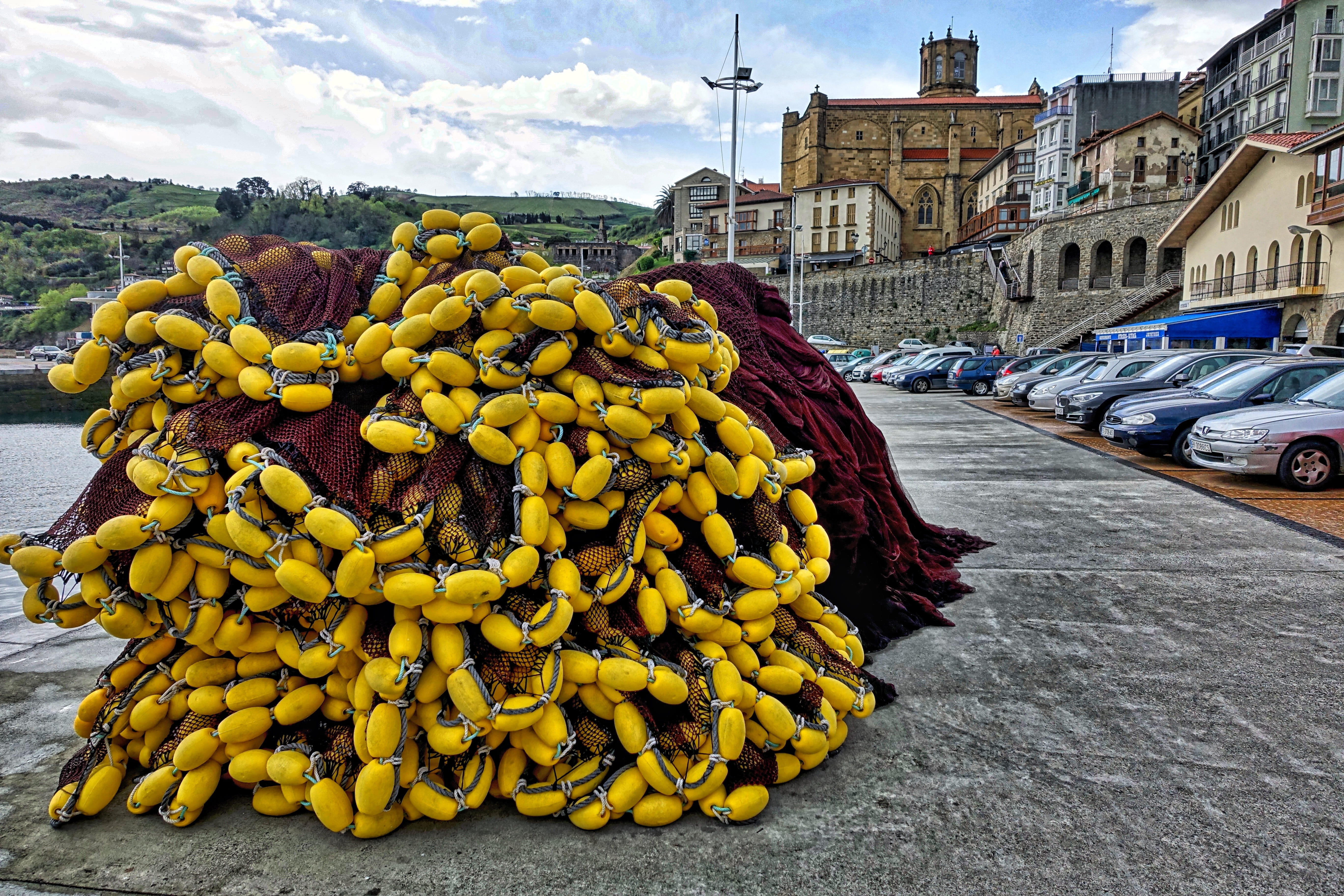 fisher, wharf, outdoors, city, architecture, incidental people, fishnet, nets, nautical, yellow, fishing nets, sky, building exterior, nature, mode of transportation, HD Wallpaper