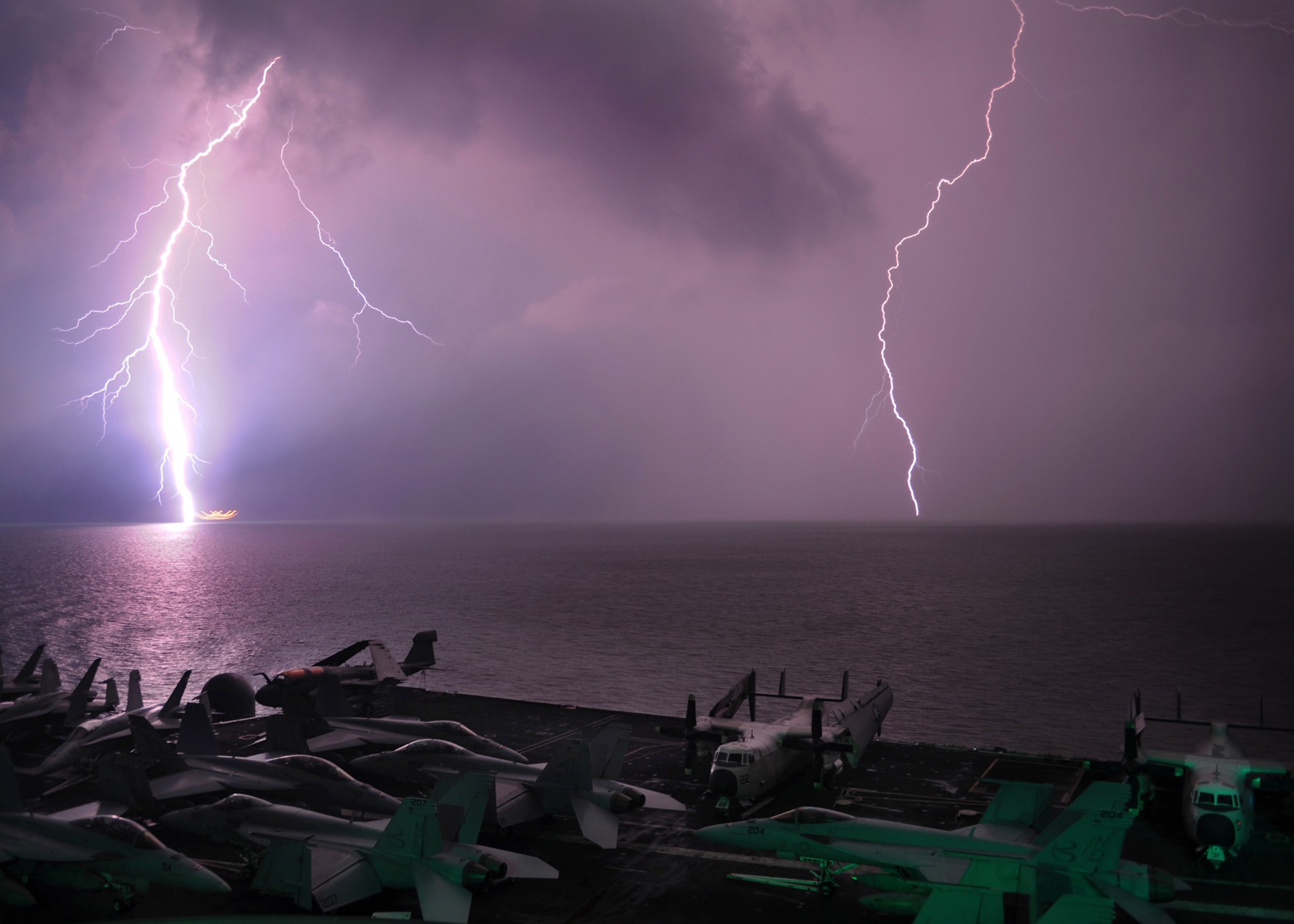 night, nighttime, navy, no people, forked lightning, ship, beauty in nature, 1080P, ocean, power in nature, ominous, purple, cloud - Sky, power, water, HD Wallpaper