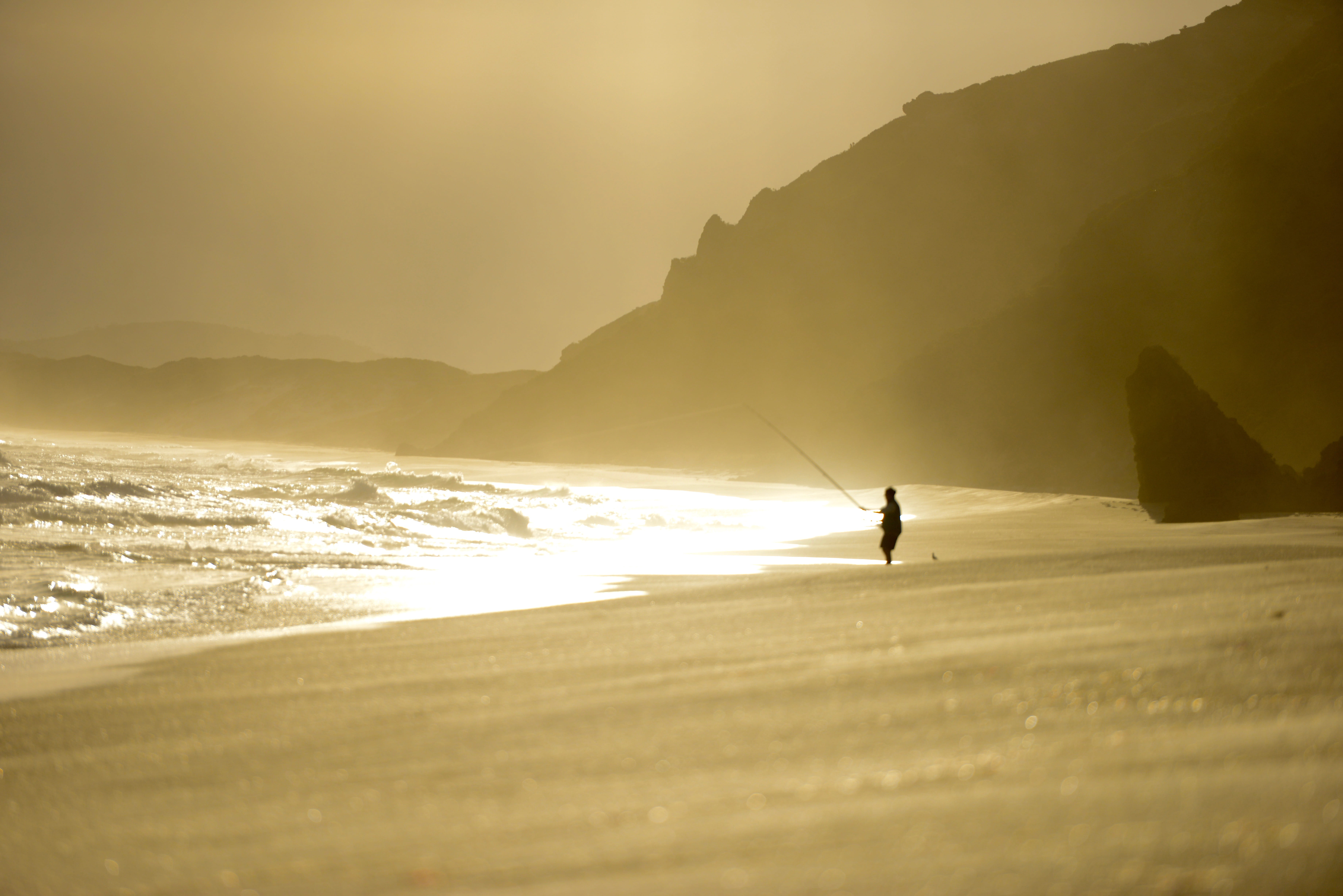 person, Sky, 5K, twilight, Fishing, Ocean, nature, sport, Beach, fisherman, golden, holding, surfing, rod, gray, hour, black, holiday, land, trip, recreation, HD Wallpaper
