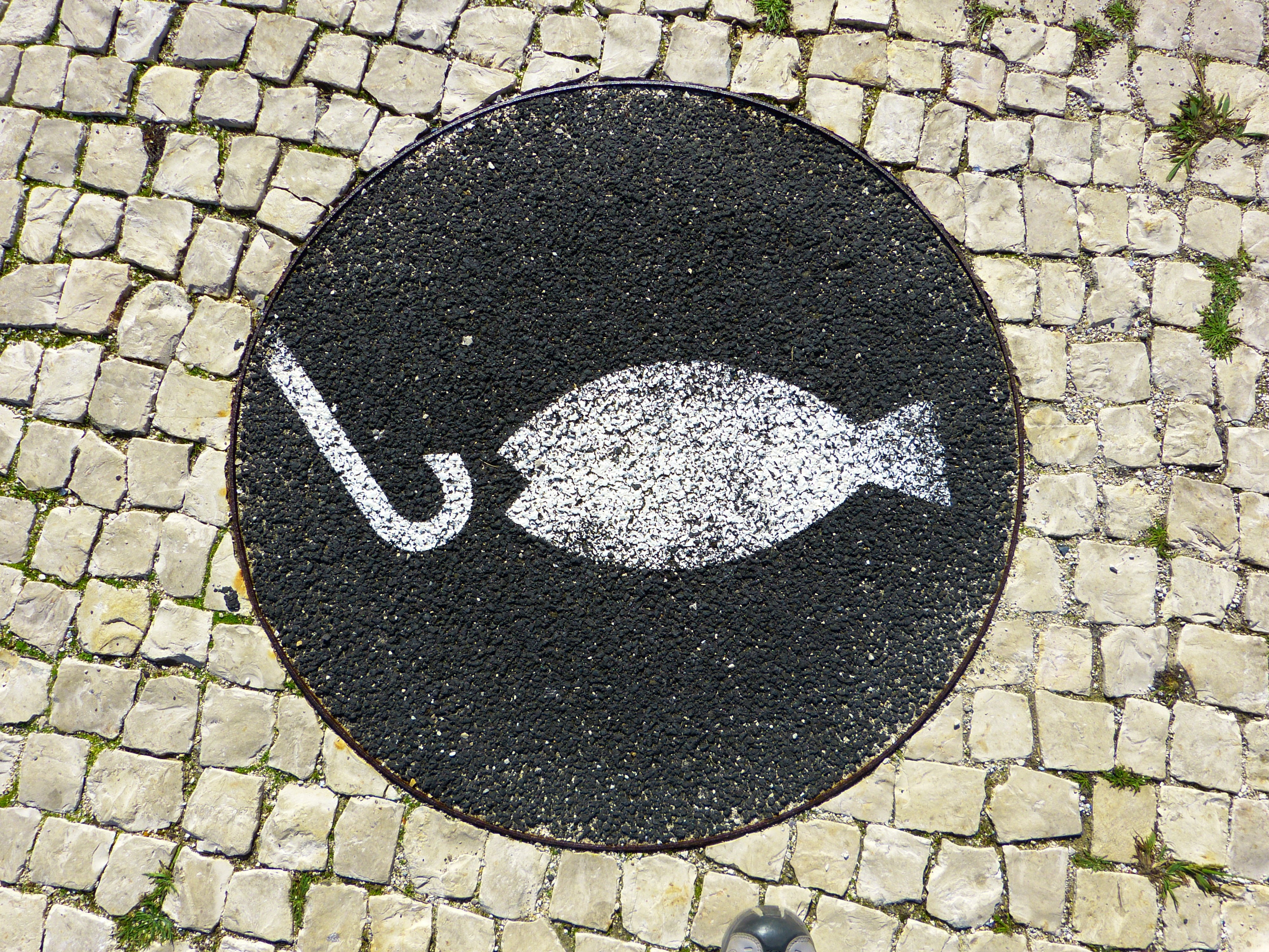 day, high angle view, mosaic, sign, catch, shape, 4K, textured, no people, footpath, city, black color, manhole, directly above, outdoors, communication, HD Wallpaper