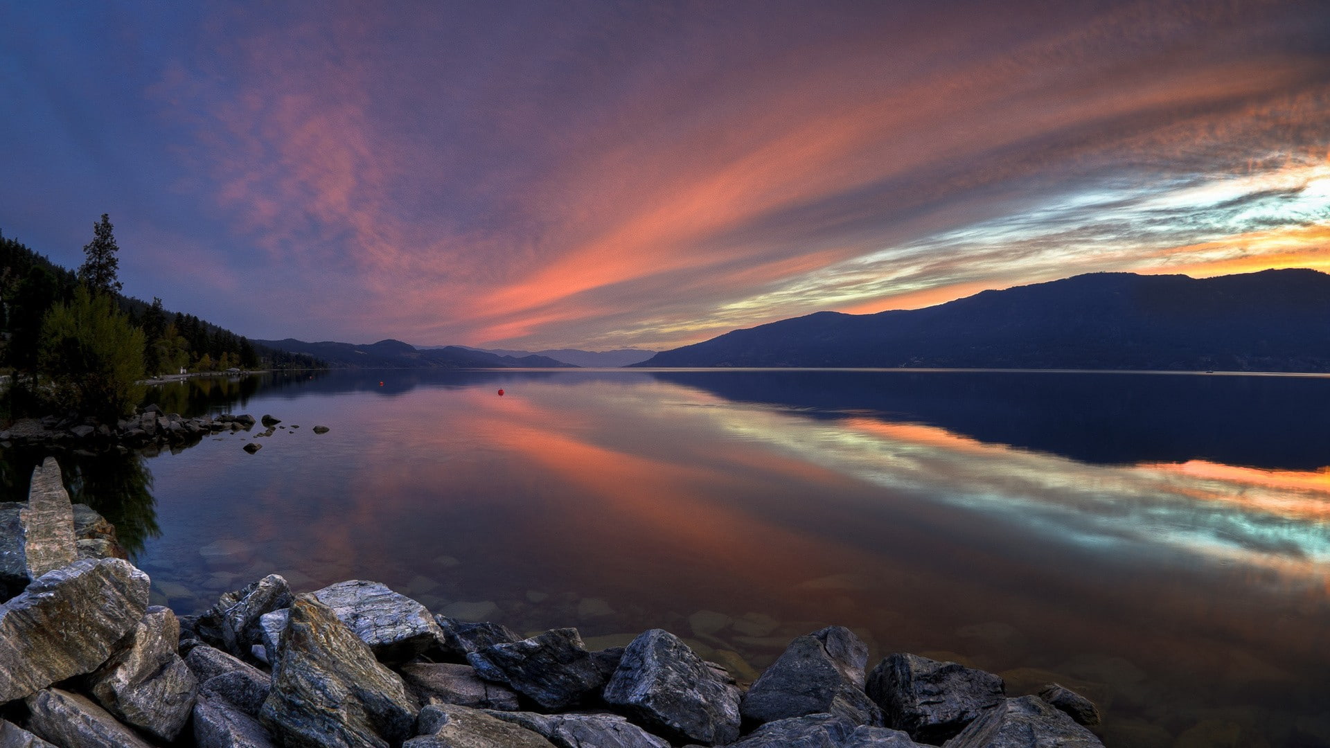 sunset, trees, 1080P, Canada, evening, landscape, stones, horizon, water, reflection, hills, nature, forest, British Columbia, lake, clouds, HD Wallpaper