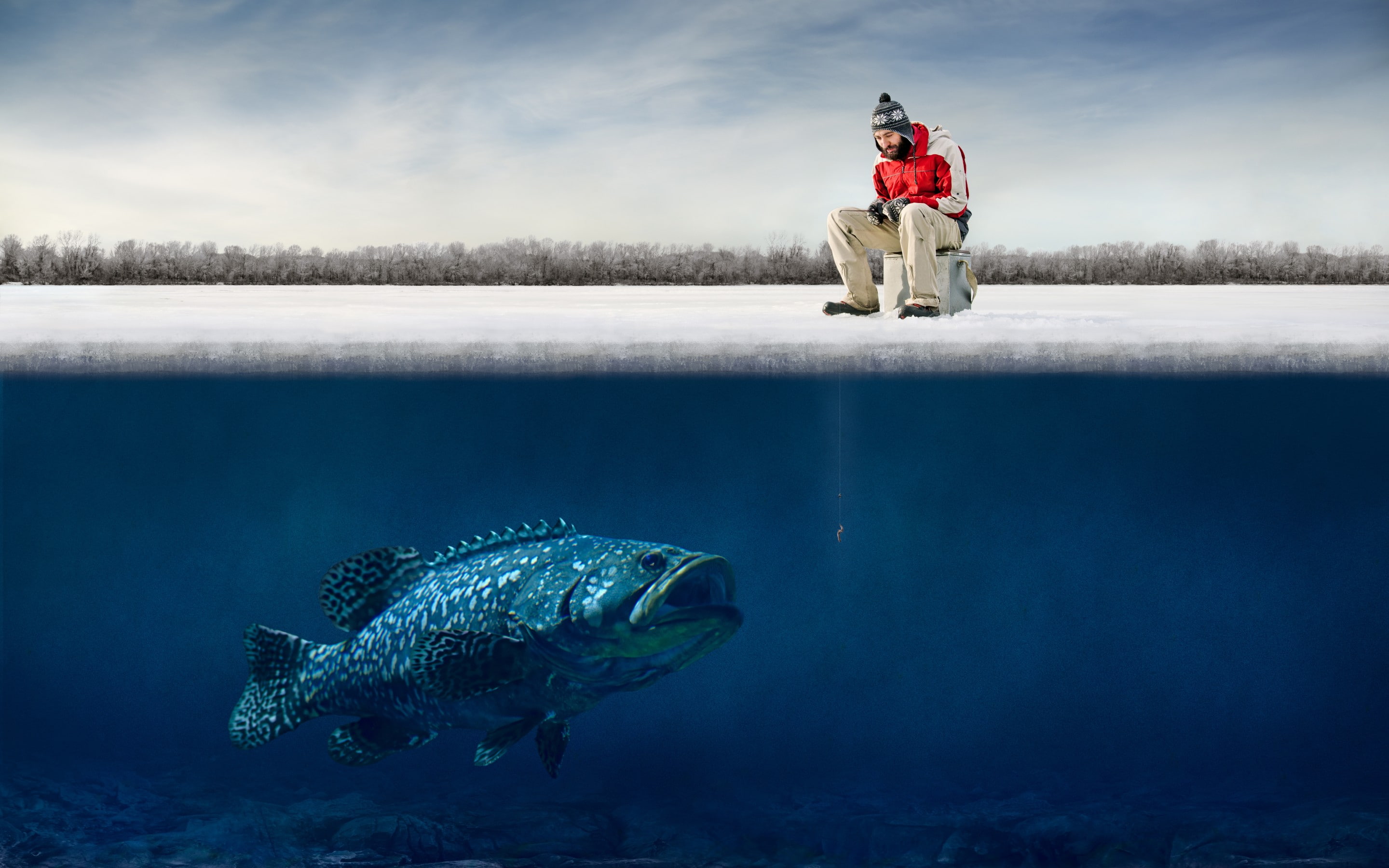 guy, 2K, ice, fishing, winter, hooks, funny, fish, fisherman, Big, humor, HD Wallpaper