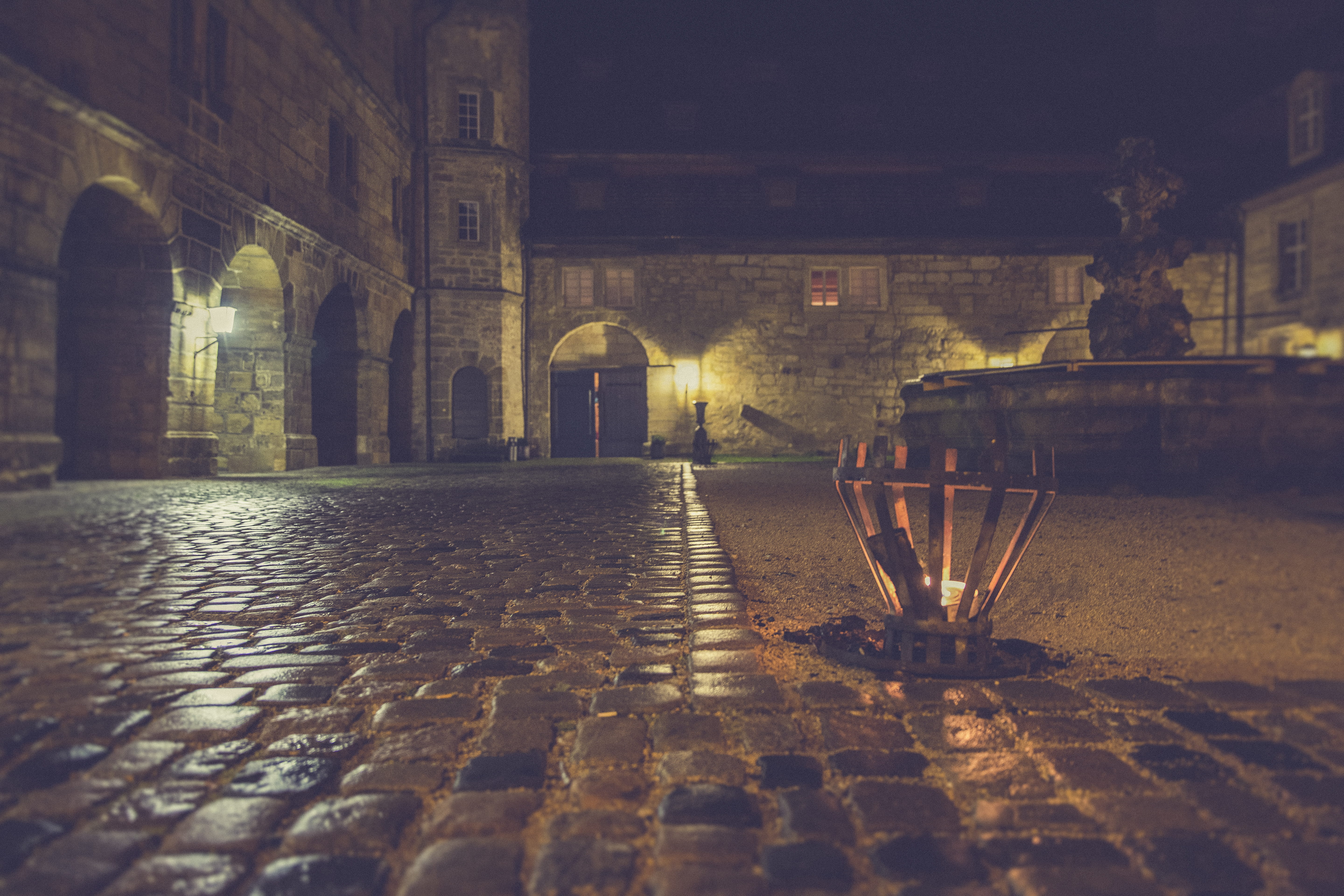 castle, lamp, built structure, old, paving stone, arches, architecture, nighttime, surface level, knight, night, city, mystical, building, wet, history, HD Wallpaper