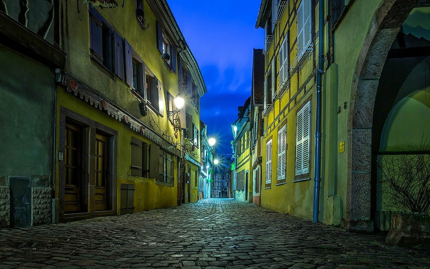 Evening, residential district, building, narrow, direction, 720P, nature, alley, night, France, landscape, built structure, long, city, no people, Lights, HD Wallpaper