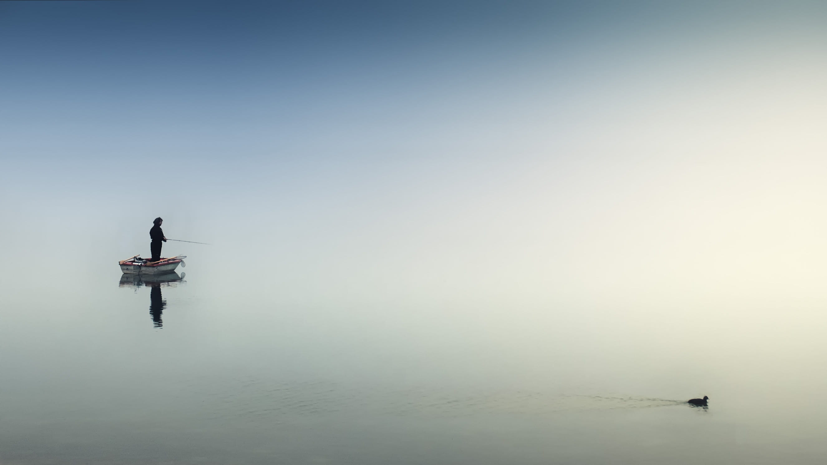 sky, mode of transportation, nautical vessel, landscape, day, tranquility, 2K, fisherman, transportation, body, silhouette, daytime, person, mist, reflection, HD Wallpaper