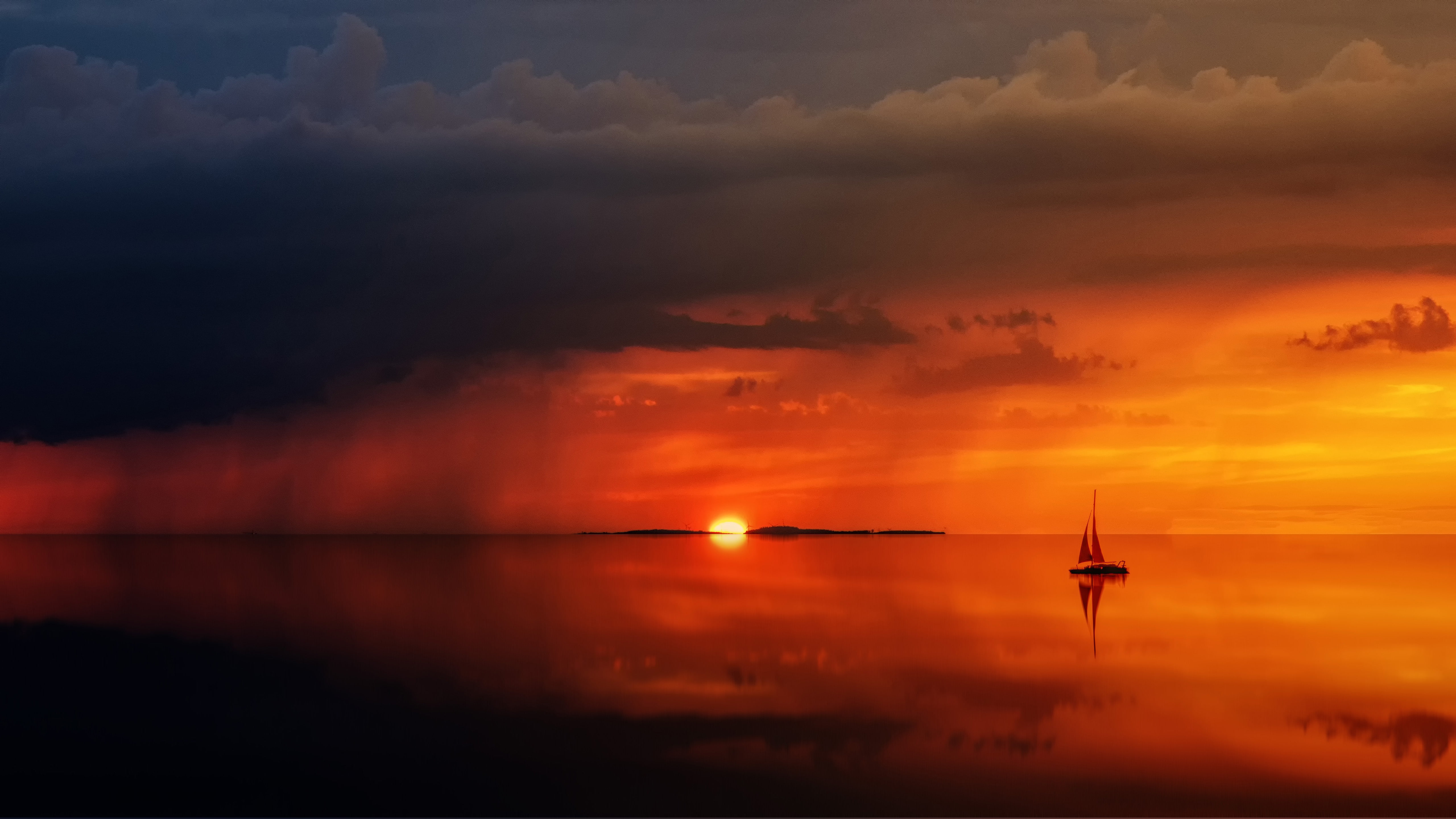 5K, water, sea, sailing ship, sunset, landscape, HD Wallpaper