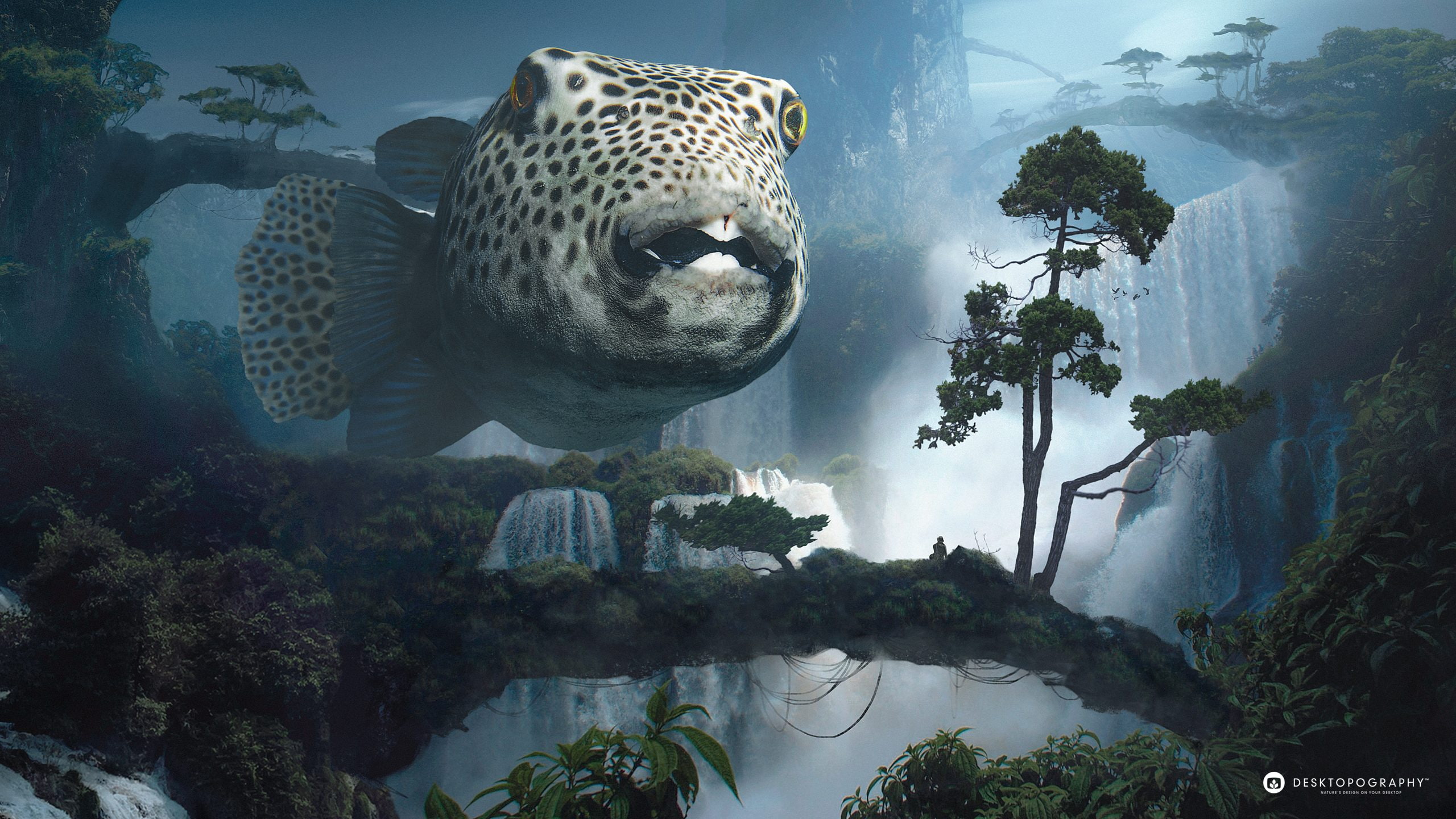 digital, Fugu, fantasy art, shining, painting, 鰒, Leonardo Dentico, fish, plants, 2K, Photoshop, Desktopography, Takifugu Rubripes, 布久, 河豚, The Fisherman, HD Wallpaper