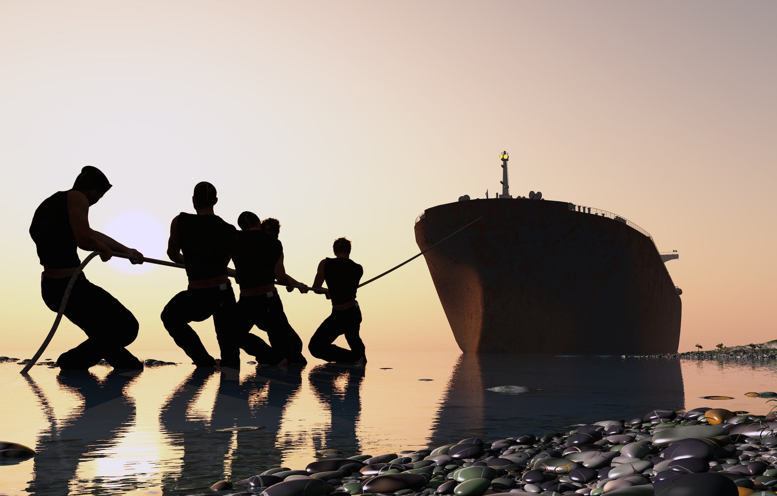 beach, silhouette, outdoors, nature, men, clear sky, orange color, full length, water, reflection, wreck, sunset, real people, lifestyles, group of people, HD Wallpaper