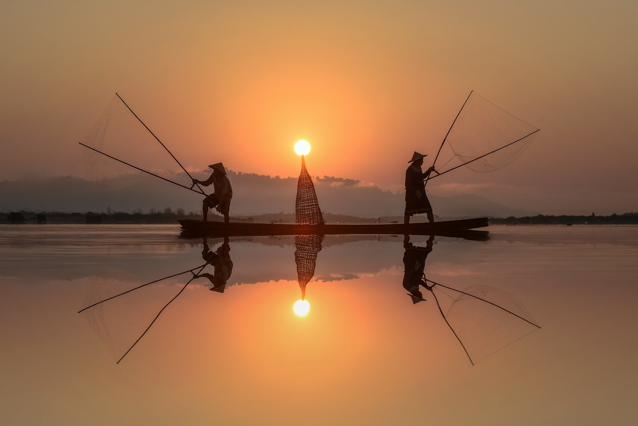 photography, occupation, lake, two people, 1080P, sunset, waterfront, orange color, activity, real people, fish, fishing, scenics - nature, silhouette, HD Wallpaper