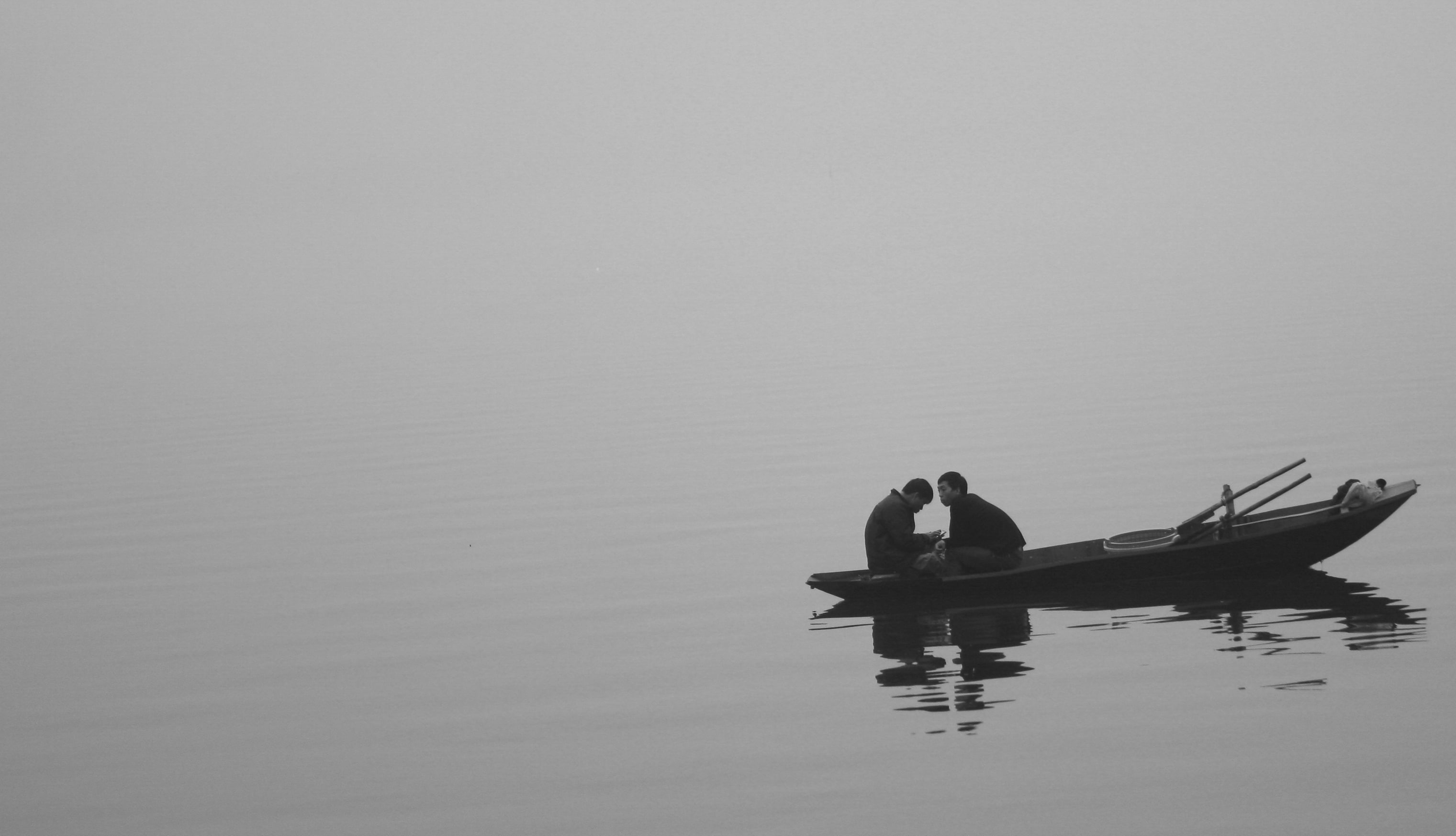 monochrome, tranquility, fisherman, leisure activity, two people, togetherness, mode of transportation, lake, nature, nautical vessel, sky, reflection, HD Wallpaper