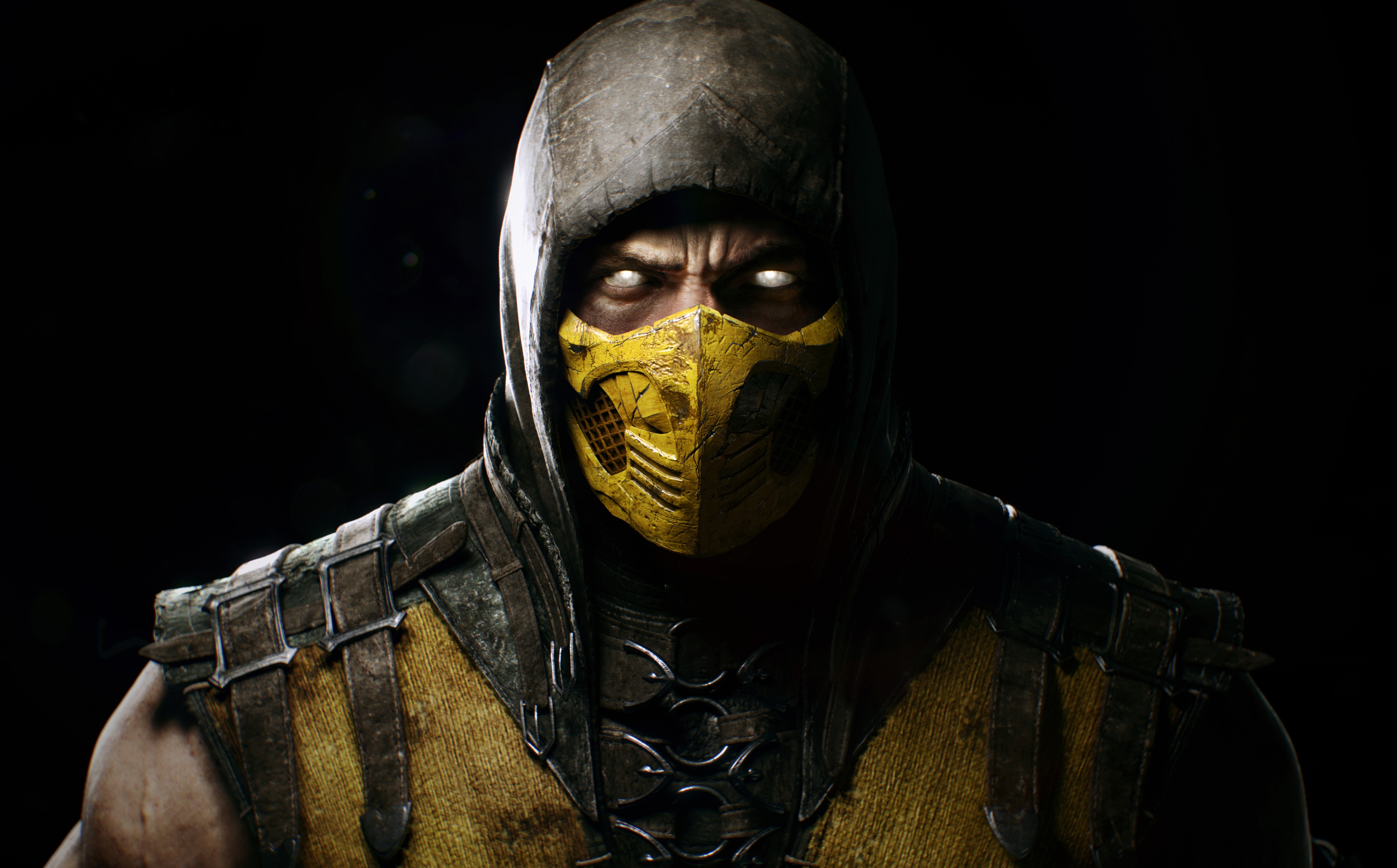 2014, headshot, men, 2015, Mortal Kombat, 8K, spooky, indoors, mask - disguise, x, evil, mortal, Scorpion, kombat, aggression, Games, black background, HD Wallpaper