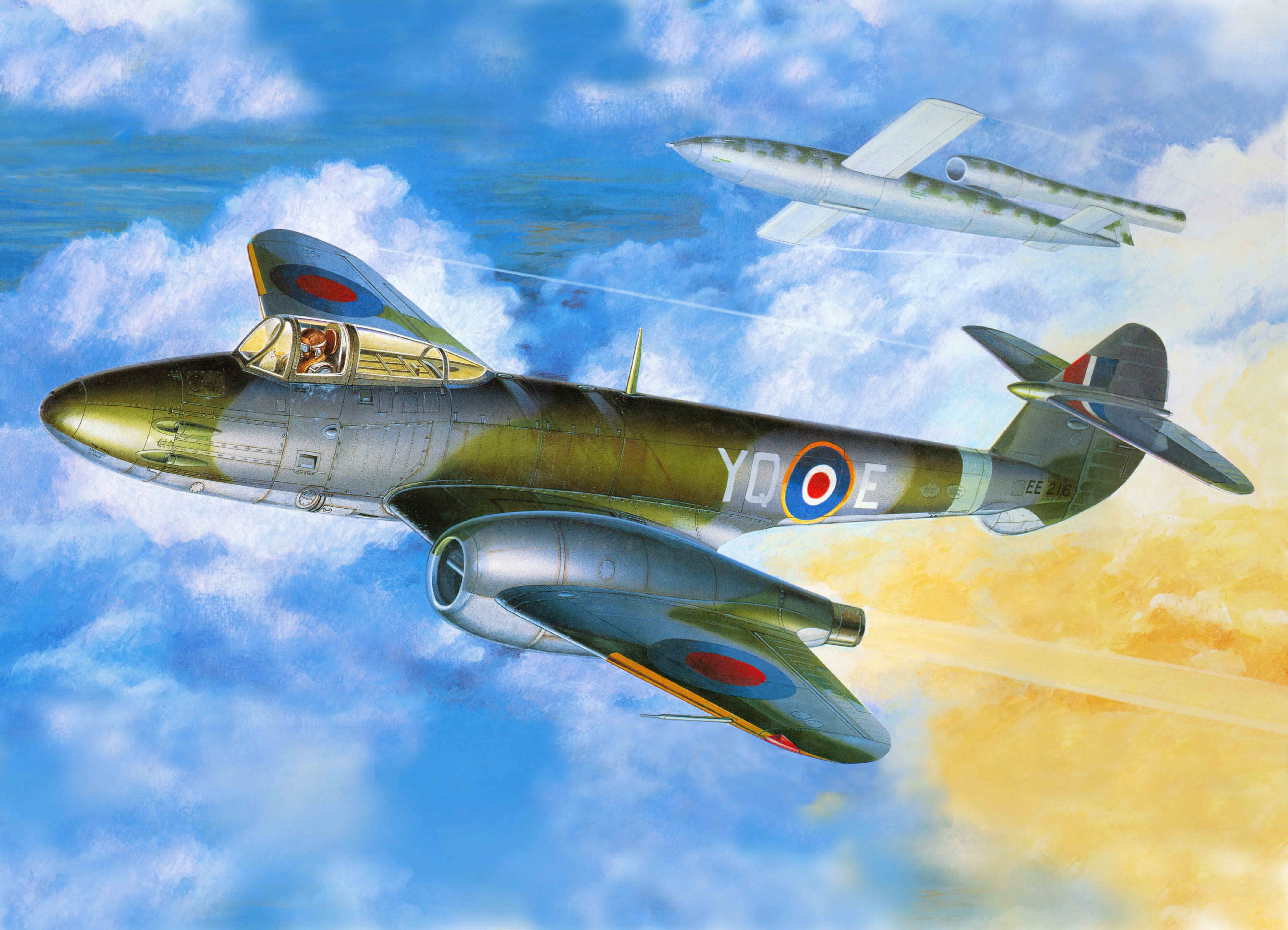 allies, British, 8K, art, Gloster Meteor, aircraft, WW2., fighter, F-1, jet, the plane, part, the only, taking, first, HD Wallpaper