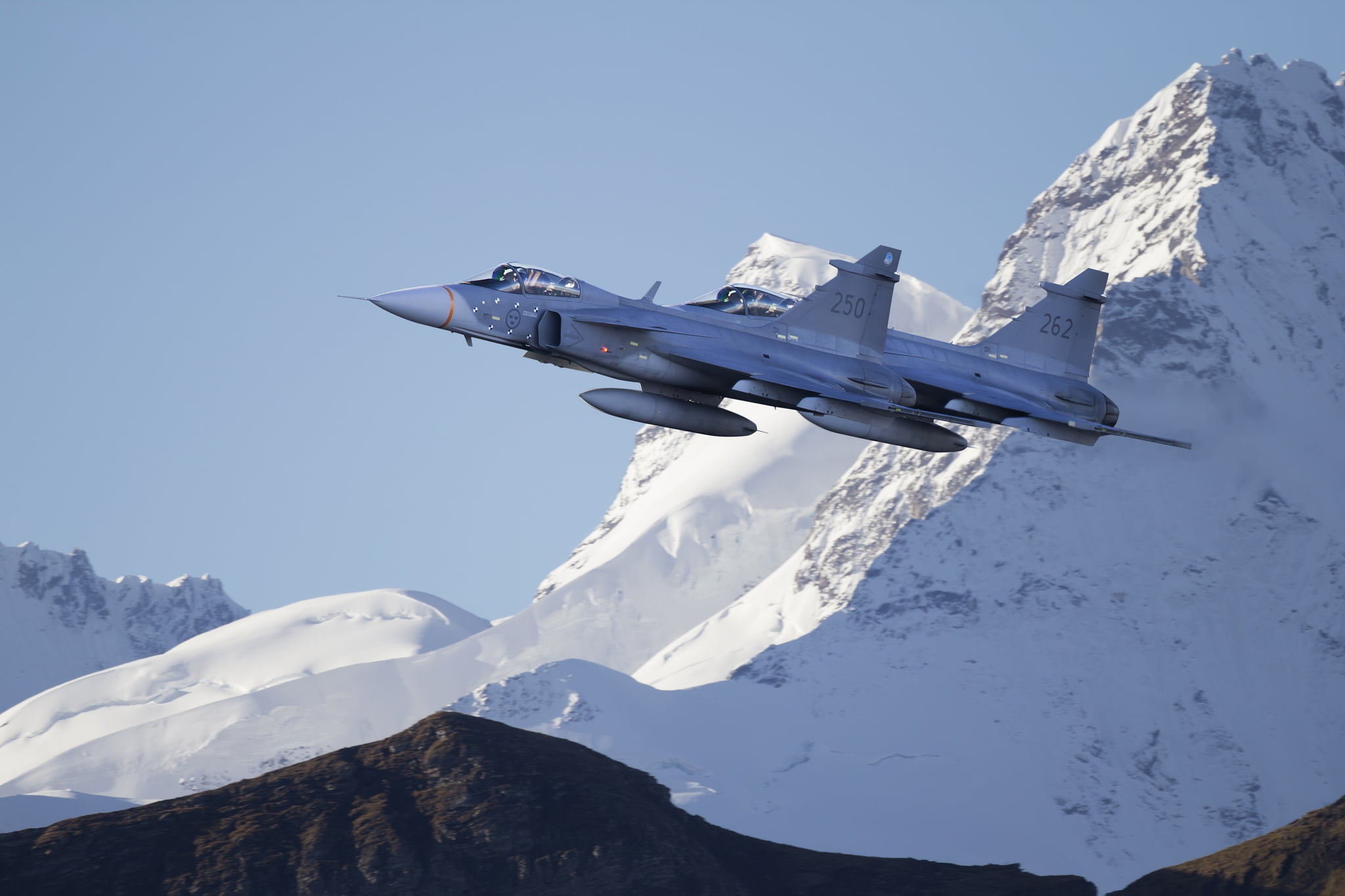 nature, mountain, clear sky, jas 39, mountain peak, day, airplane, formation, grey, scenics - nature, outdoors, fighter, winter, flying, cold temperature, HD Wallpaper