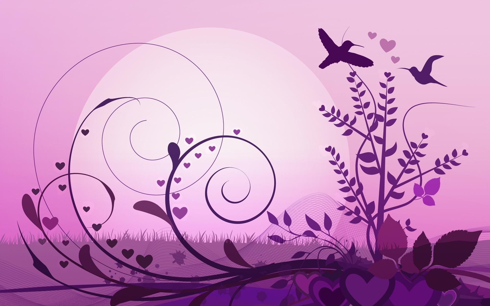 swirl, 1920x1200, plant, pink, humming, vines, vector, hummingbrids, leaf, flowers, purple, hummingbird, 1080P, bird, plants, swirly, artwork, heart, HD Wallpaper