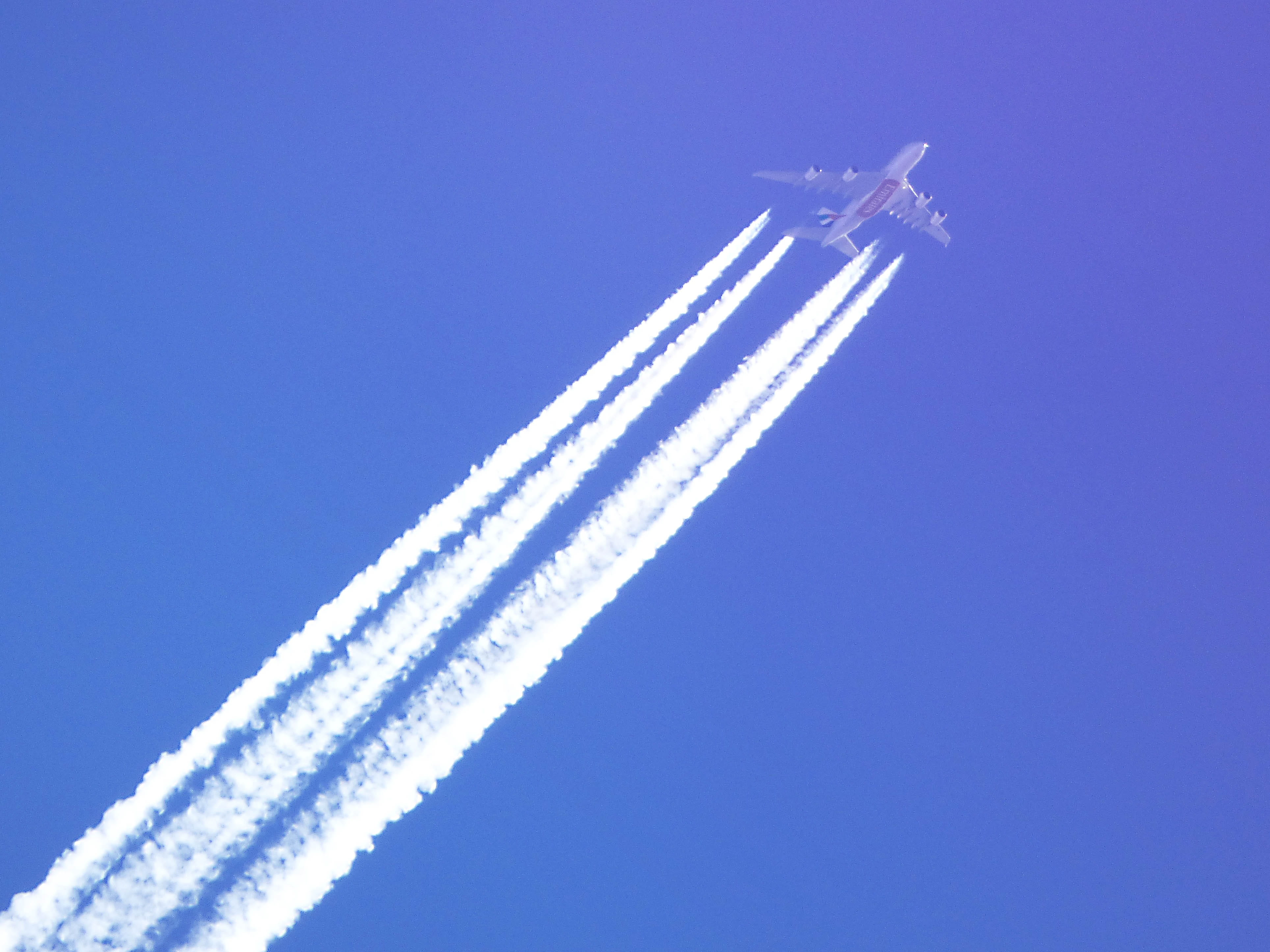 speed, transportation, white color, aerospace industry, blue, sky, Commercial Flight, low angle view, nature, vapor trail, 4K, no people, Plane, smoke, HD Wallpaper