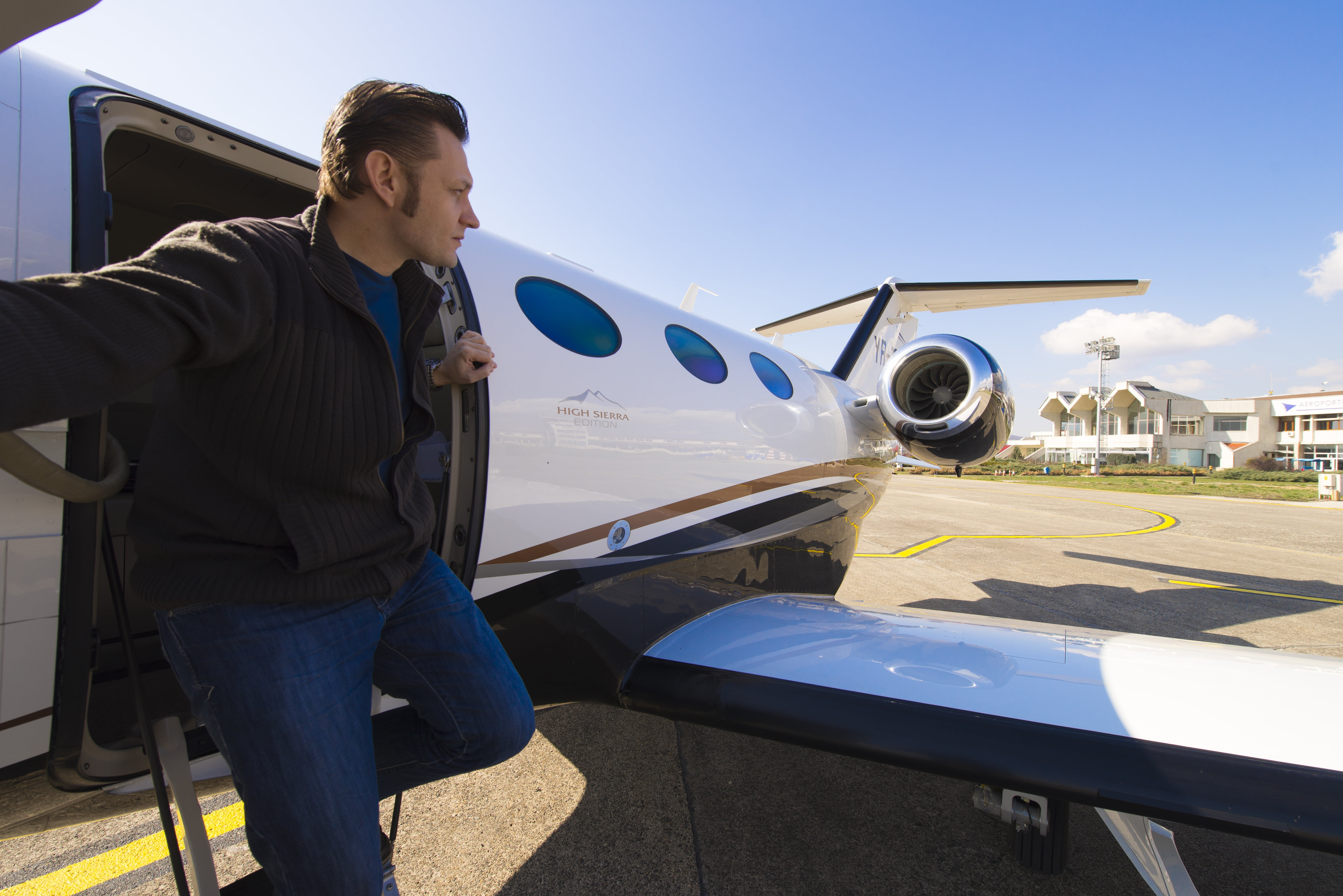 three quarter length, private airplane, private jet, plane, sky, looking, outdoors, one person, mode of Transport, profile view, downstair, airport, 5K, HD Wallpaper