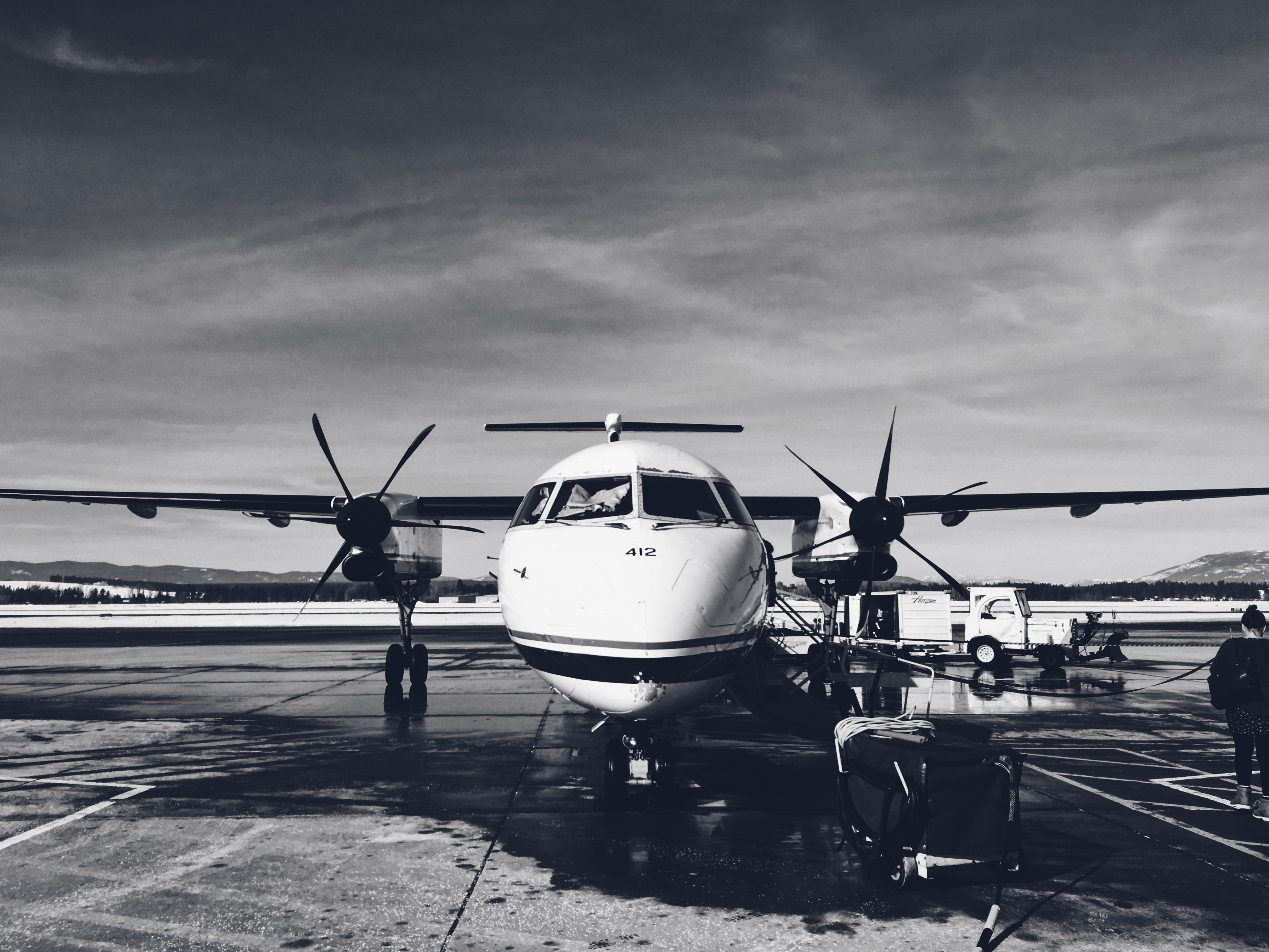 airplane, kalispell, 4K, airport runway, sunlight, water, luxury, propeller, black and white, day, public transportation, sky, bi-plane, aerospace industry, HD Wallpaper