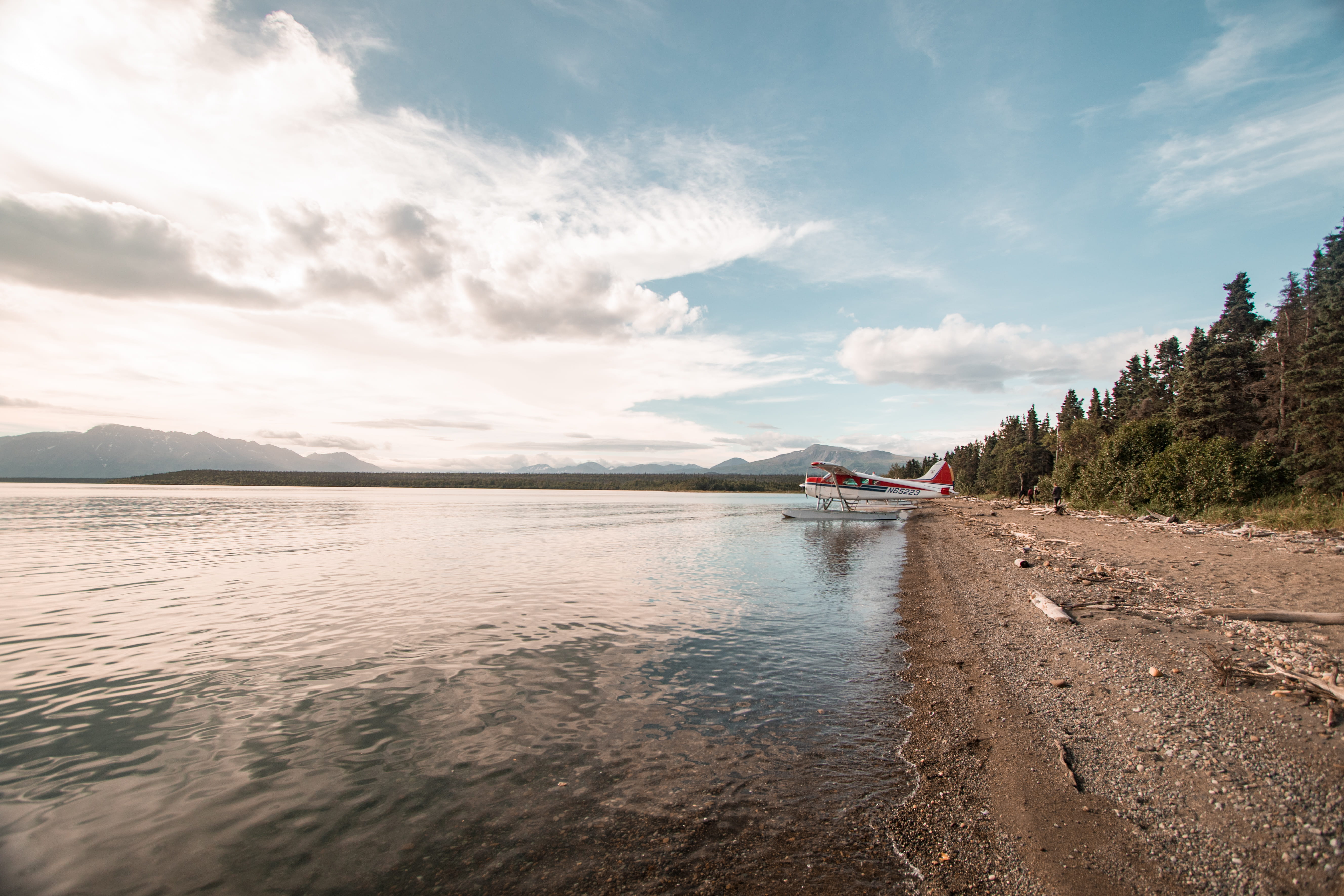 tree, tranquility, plane, shore, ocean, united states, no people, beach, cloud - sky, 5K, idyllic, seaplane, water, nautical vessel, float plane, mountain, HD Wallpaper