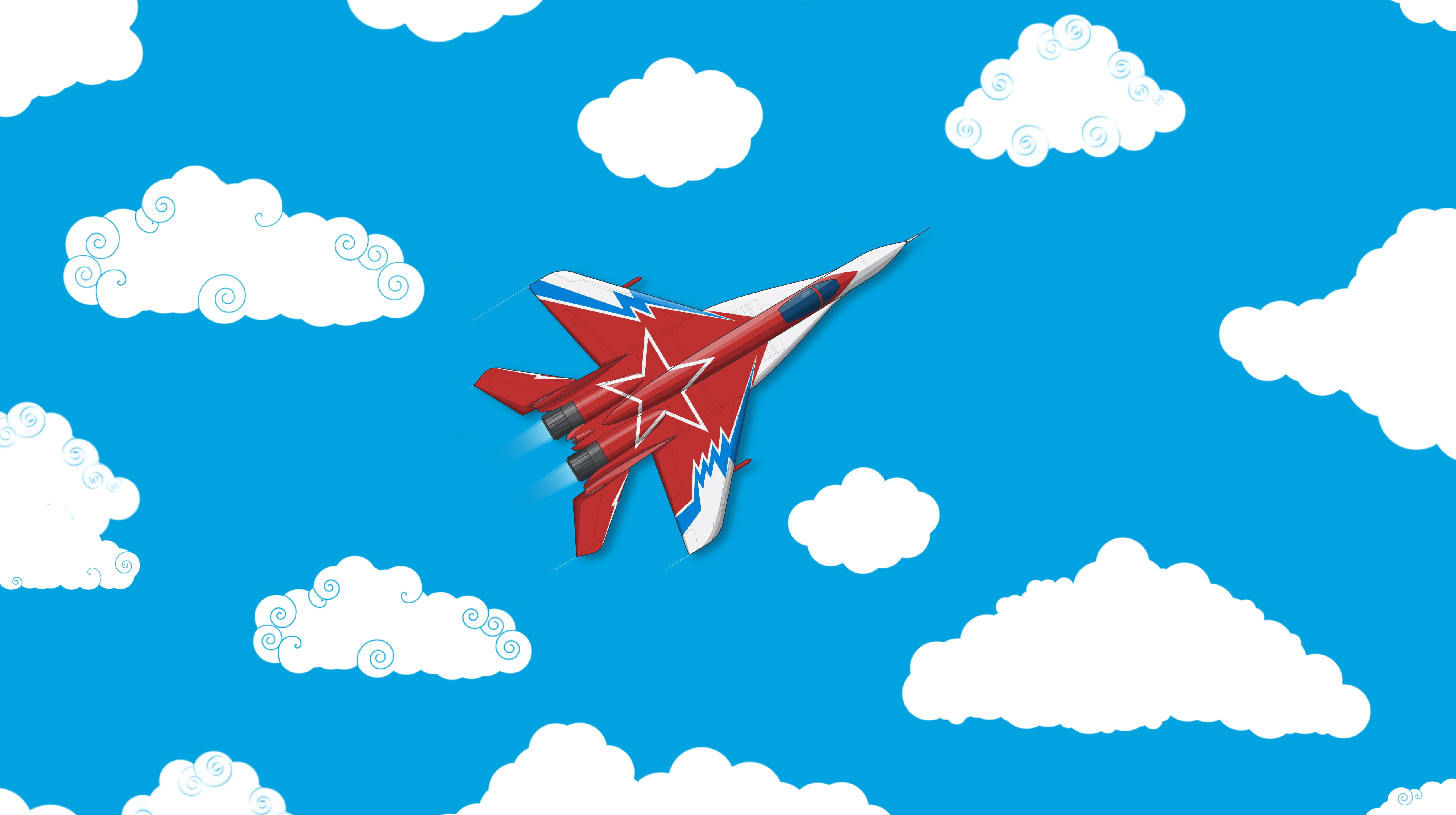 red star, flying, mig-29, sky, artwork, holiday, red, military aircraft, shape, design, nature, celebration, outdoors, creativity, cyan, animal, cloudscape, HD Wallpaper