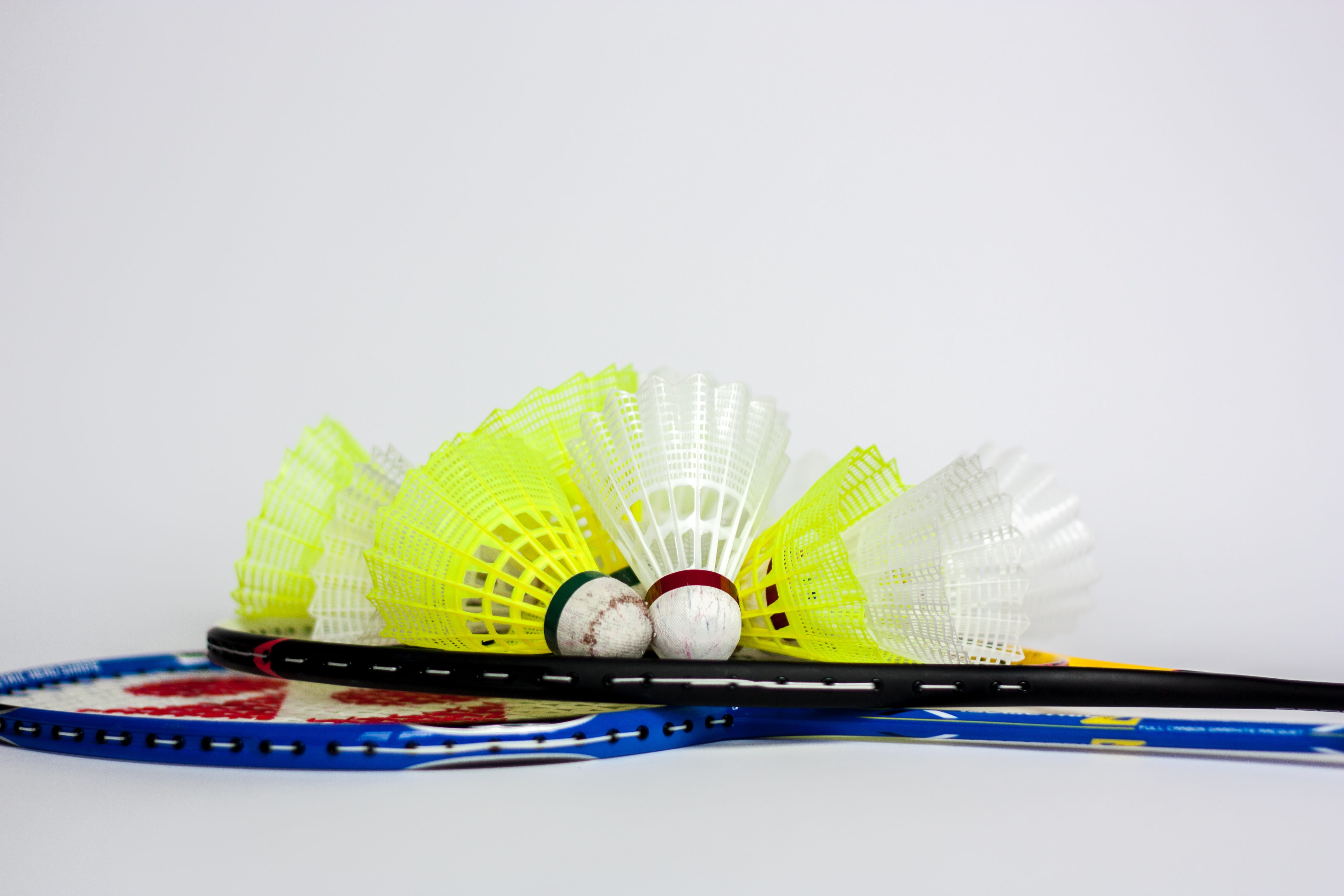 shuttlecock, leisure, relaxation, 4K, recreational sports, gray background, white background, multi colored, simplicity, colored background, craft, creativity, HD Wallpaper