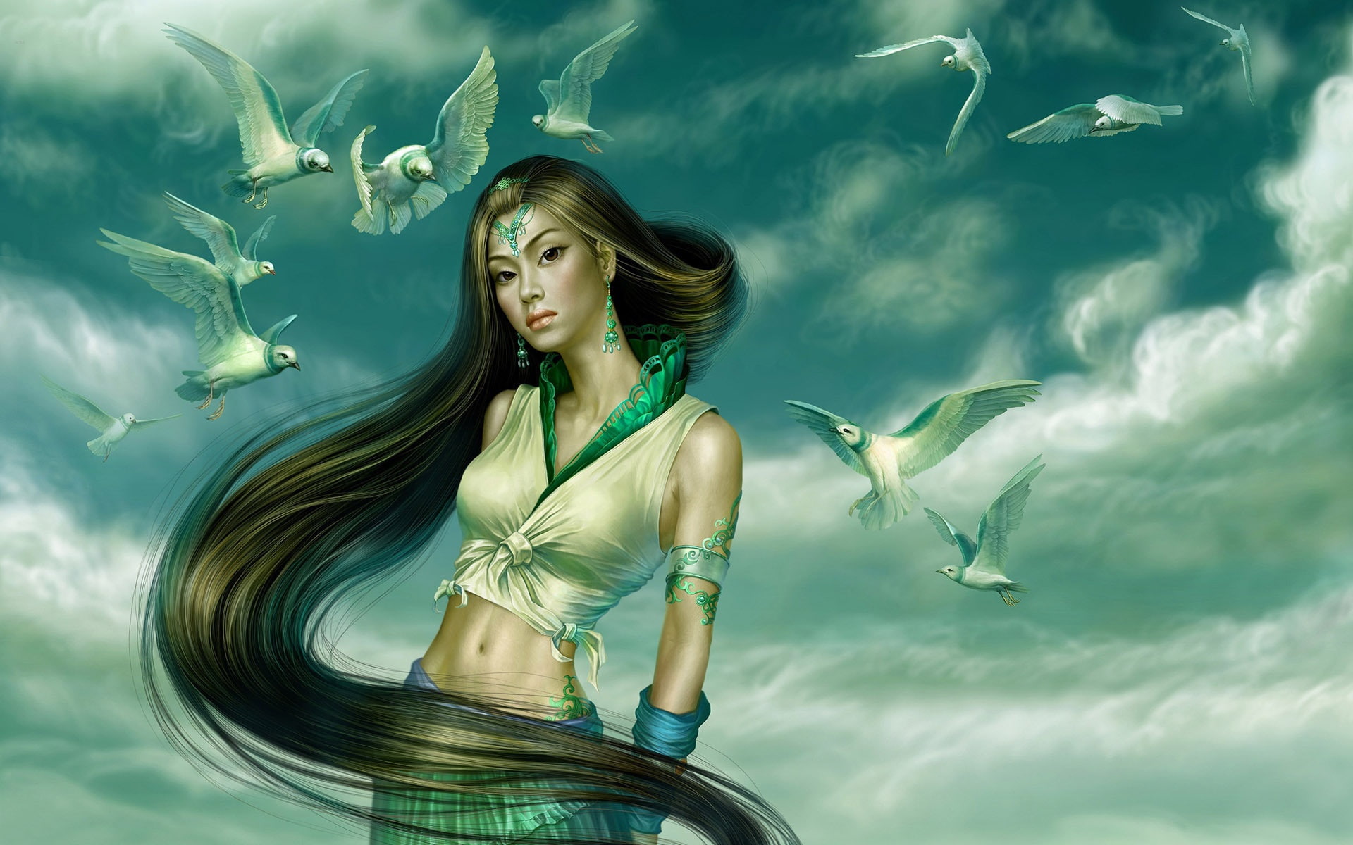 Pigeons, Girl, Green, Fantasy, Accompanied, 1080P, HD Wallpaper