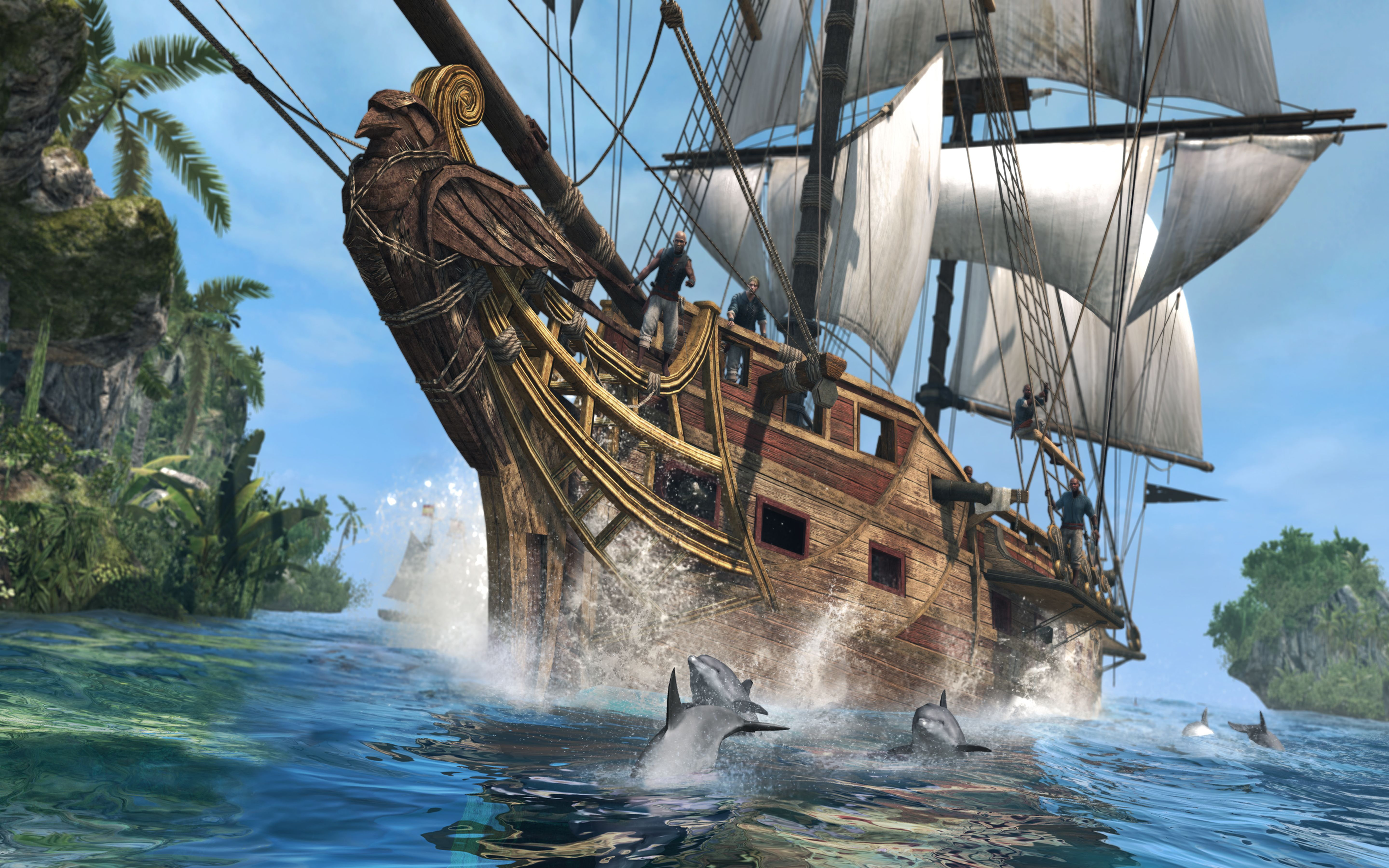 ship, accompanied, 5K, pirate, dolphins, hd, HD Wallpaper